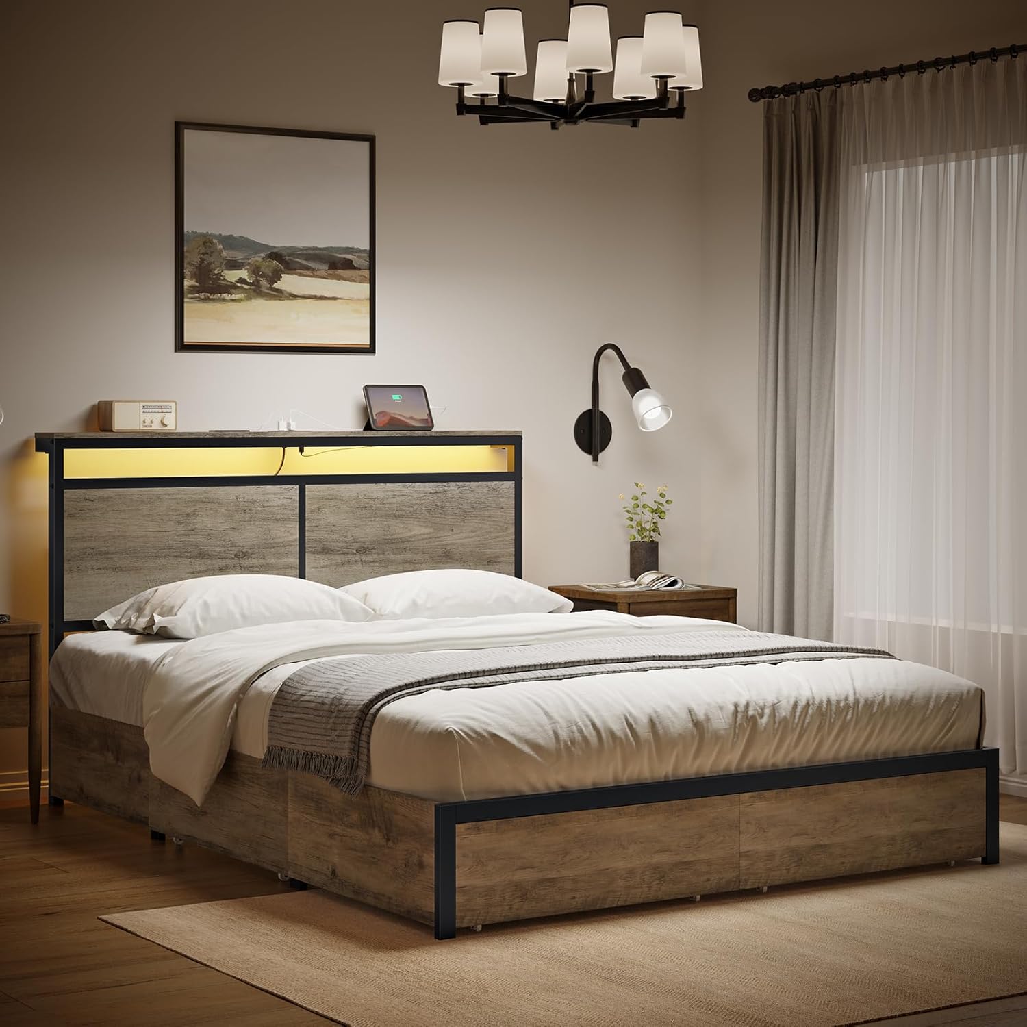 HAUSOURCE Queen Bed Frame with 4 Drawers Storage Headboard and LED Lights Charging Station Metal Platform Bed Frame Queen Size Heavy-Duty Metal Slats Support No Box Spring Needed,Grey - Image 5