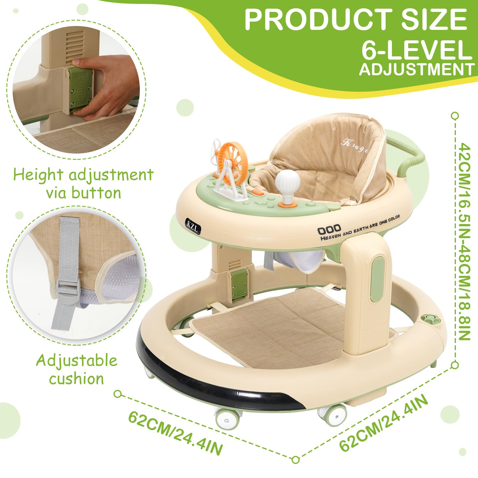 3 en 1 Trotteur Bébé,Babywalker avec 6 Hauteurs Réglables, Trotteur avec Roues Silencieuses à 360°,Plateau Repas et Plateau d'activités Musical Amovible, 6 Mois et plus(Vert)