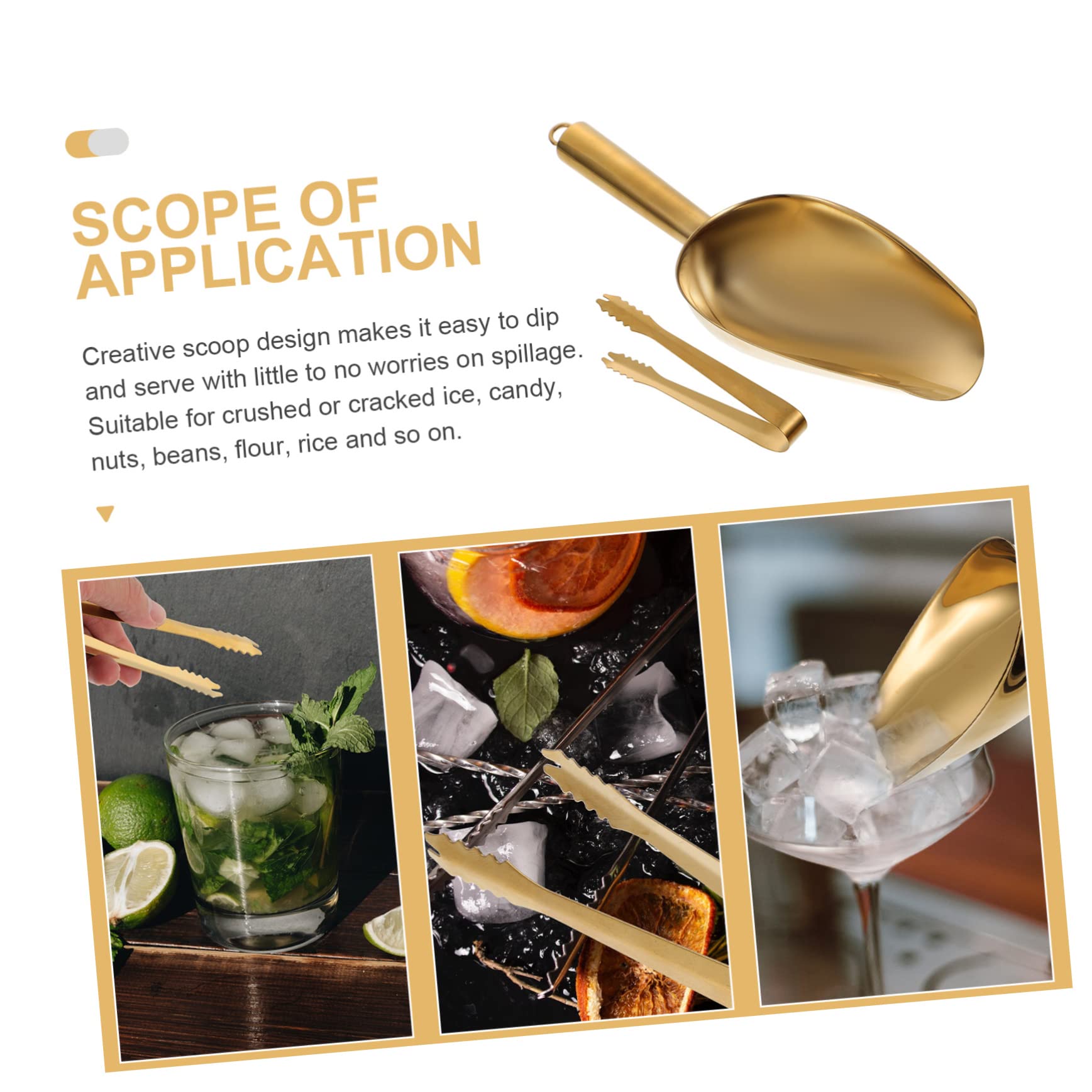FONDOTIN Gold Ice Scoop for Ice Machine Brushed Stainless Steel Ice Clamp Ice Bucket Tongs Kitchen Supply Set