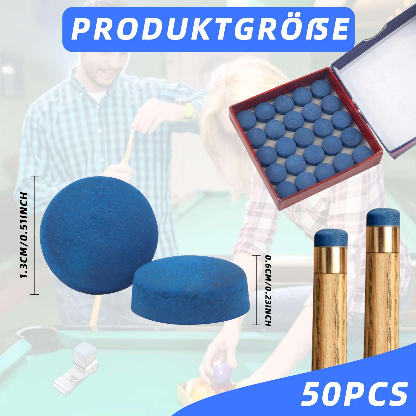Notoke 50 stecche da biliardo, set di riparazione per stecche in pelle, punte di ricambio per biliardo, stecche e stecche da biliardo, 1,3 x 0,6 cm (blu)