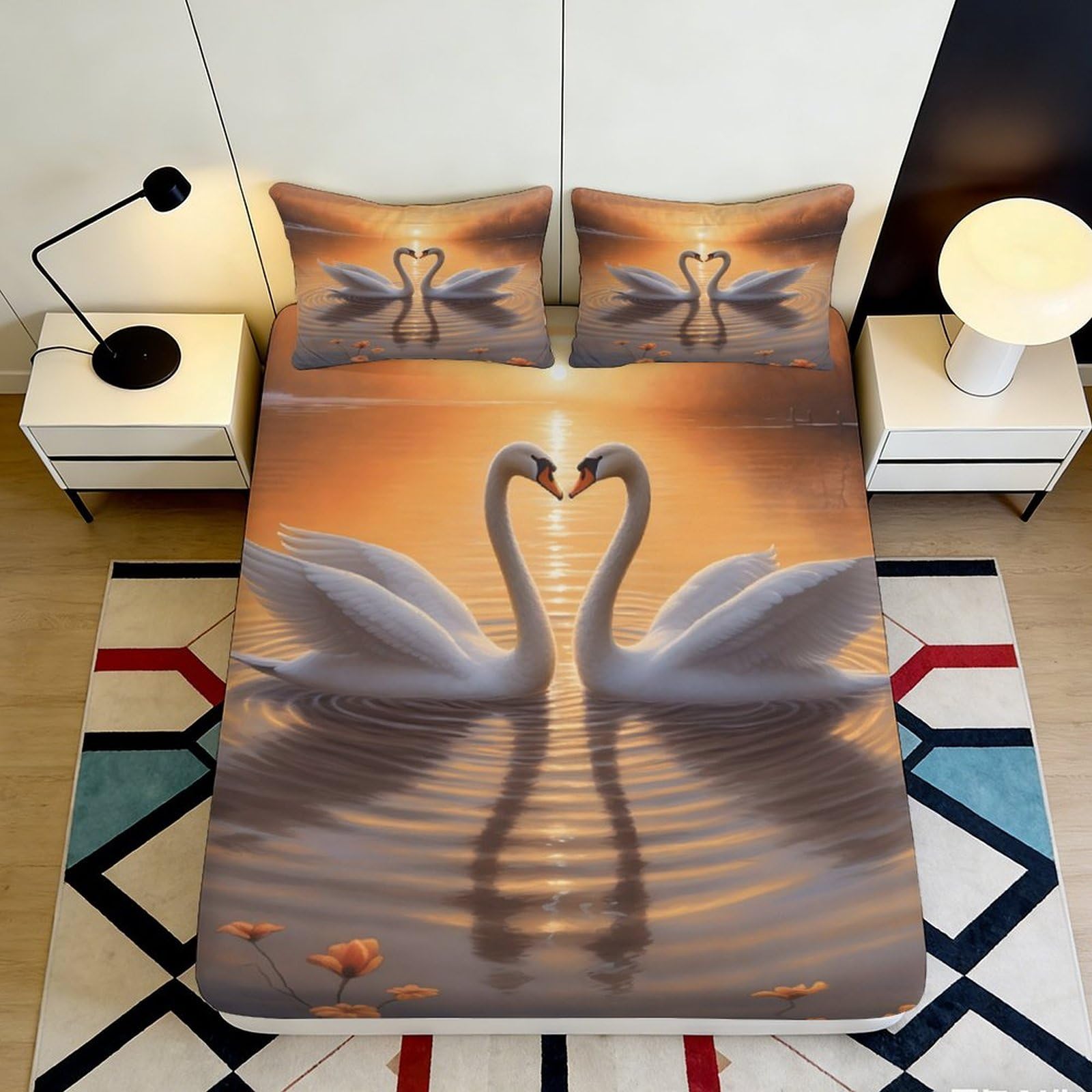 3D Printed Swan Lake Fitted Sheet Microfiber Soft Anti-Slip Sunset Reflection Mattress Cover Bedroom Decor 90x200x25cm