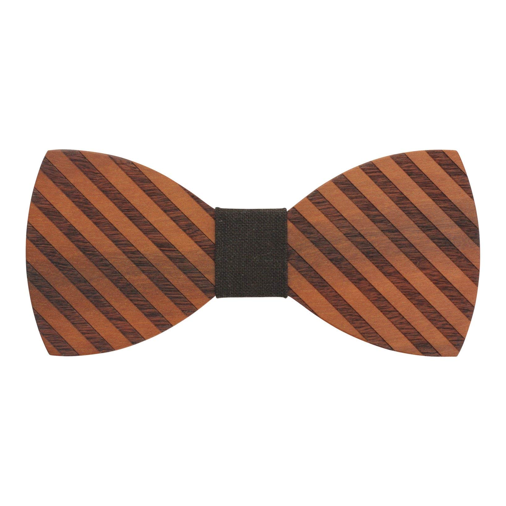 Striped Red Sandalwood Bow Tie With Adjustable Neckband - Brown Denim Center
