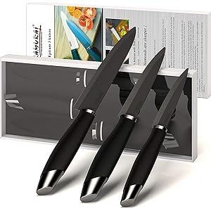 Samurai Epicure, Pros 3 Piece Ceramic Knife Set, Black Knives, Supersoft Balanced Handle, Rounded Tip Samurai Epicure, Pros 3 Piece Ceramic Knife Set, Black Knives, Supersoft Balanced Handle, Rounded Tip