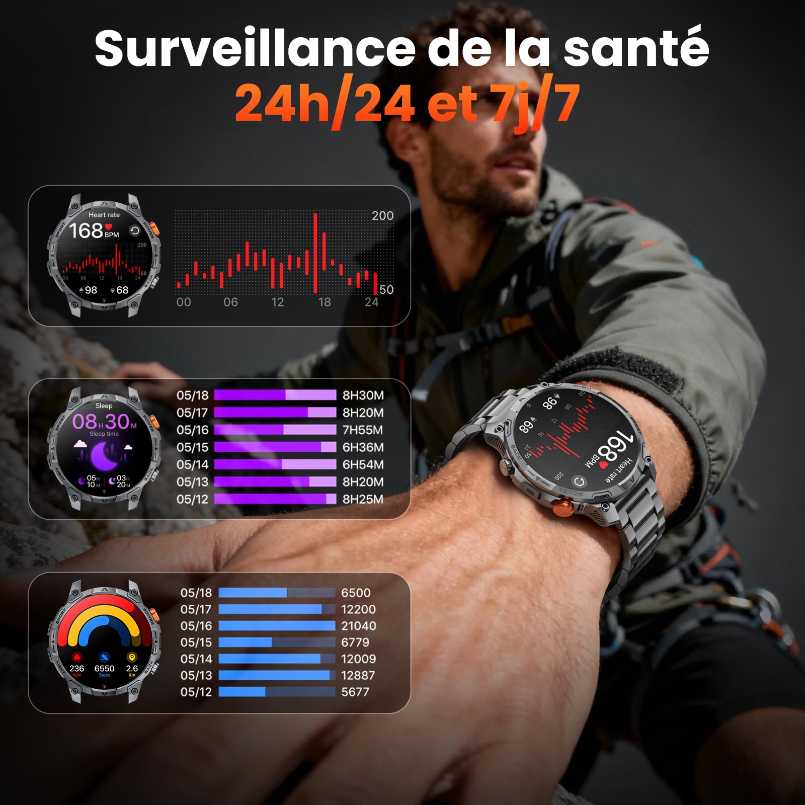Smartwatch Uomo Militare, Batteria da 1000 mAh, Due Cinturini, Schermo HD da 1,75", Torcia LED, 100＋ Modalità Sportive, Monitoraggio della Salute, Chiamate Bluetooth per iOS Android (Nero)