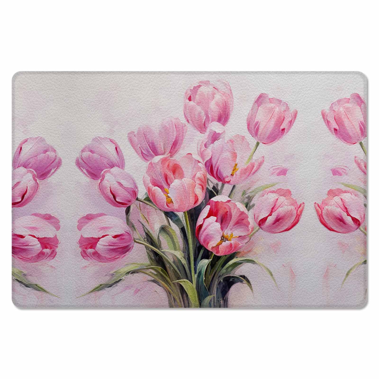 Easter Kitchen Bath Door Mat Cushioned Runner Rug,Washable Welcome Floor Sink Antifatigue Mat,Waterproof Non-Slip Comfort Standing Doormat,Modern Pink Tulip Spring Flower Botanical Watercolor 18