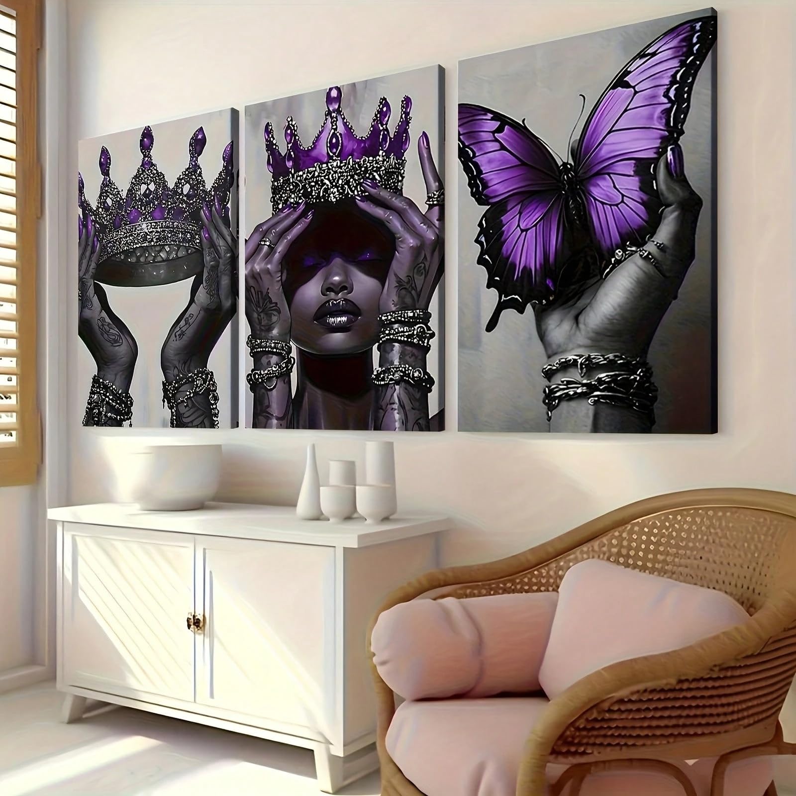 SPXLUCAW 3pc Canvas Wall Art, Butterfly Queen Crown And Elegant Woman Portrait, for Living Room Bedroom Office Decor(50x70cmx3/With frame)