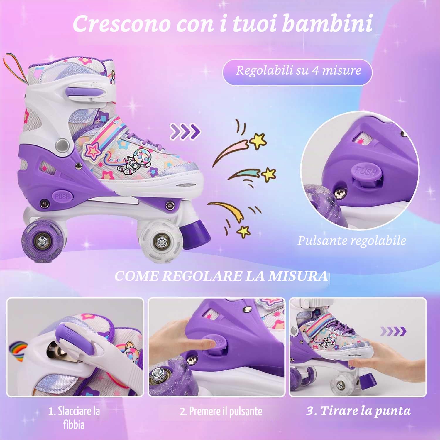 Pattini a rotelle Bambina Regolabili, Pattini a 4 Ruote con Ruote Illuminate, Pattini Bambina di 4 Dimensioni regolabiliper Ragazzi, Ragazze, Bambini, Principianti