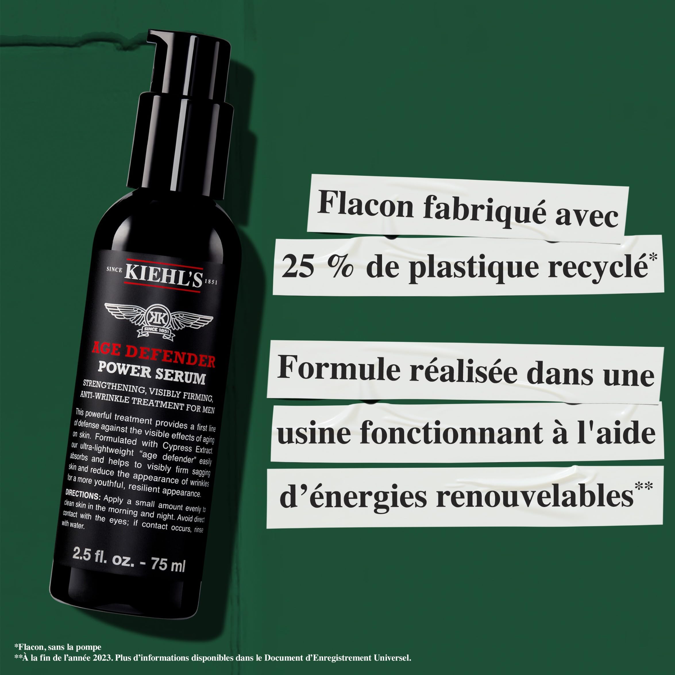 Kiehl's Sérum Age Defender Anti-âge, Homme, anti-rides, peau lisse | Restaure fermeté peau, Comble rides et ridules, Formule ultra-légère, absorption rapide, Parfum frais, Cyprès Adénosine