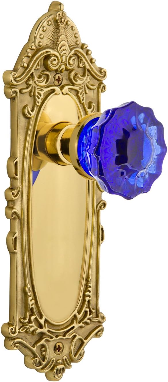 Nostalgic Warehouse 725167 Victorian Plate Privacy Crystal Cobalt Glass Door Knob in Antique Brass, 2.375