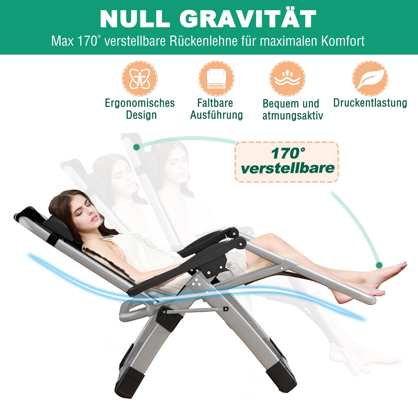 Sonnenliege Liegestuhl Klappbar, 200KG Belastbar Zero Gravity Chair mit Kissen Unterstützung Getränkehalter, Extra Breit Verstellbare Gartenliege für Patio-Garten-Strand-Pool