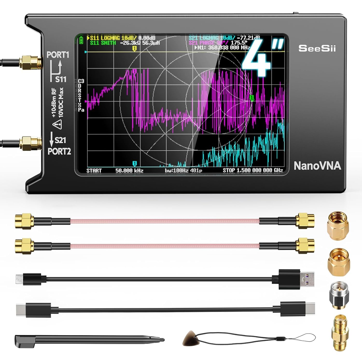 Seesii Analyseur de Réseau Vectoriel NanoVNA-H4, Analyseur d'antenne V4,4 9KHz-1,5GHz HF VHF UHF avec Écran Tactile pour Paramètres S et Rapport d'onde Stationnaire de Tension