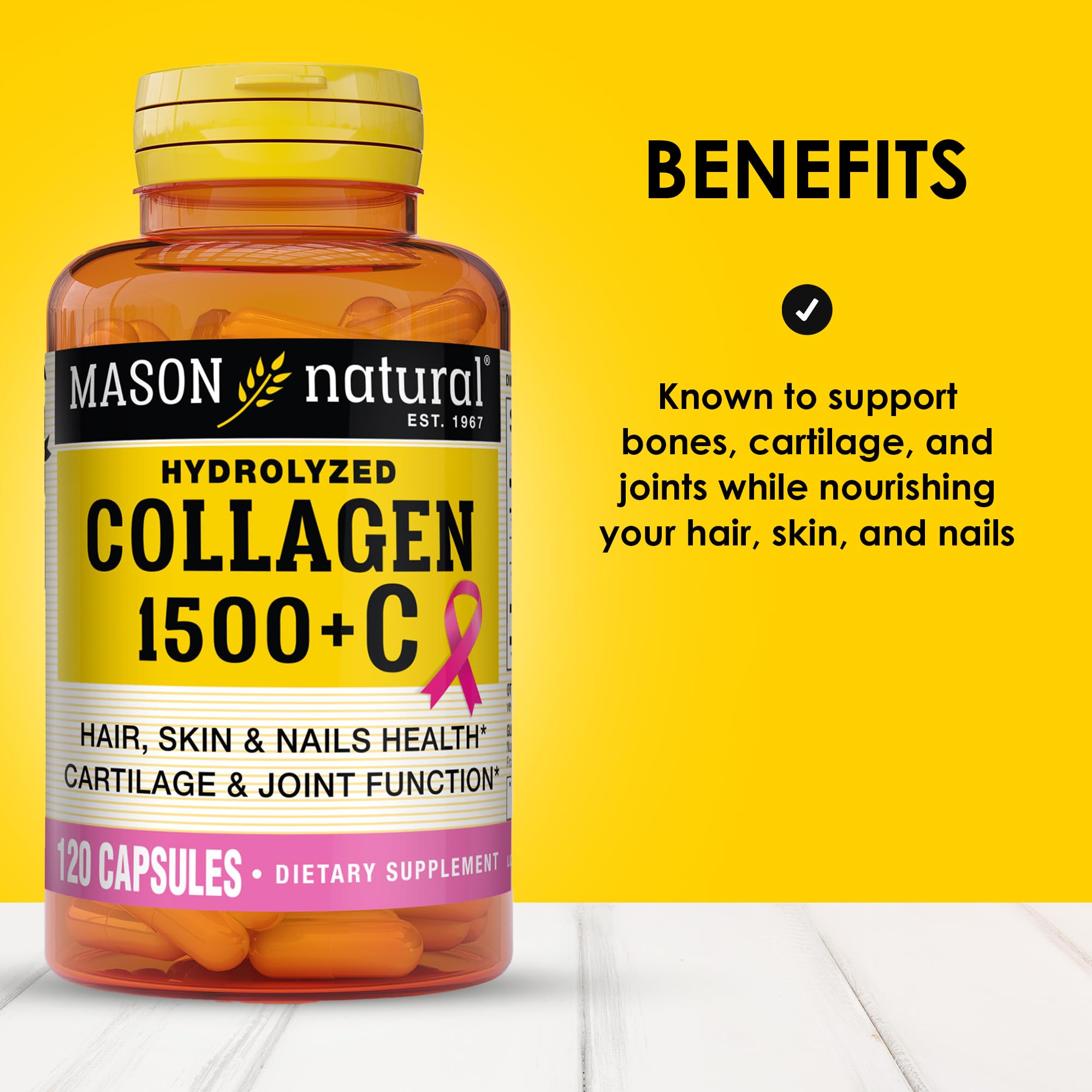 MASON NATURAL 1500mg Collagen with Vitamin C, Biotin, & Calcium, 40 Day Supply Capsules, Supplement for Hair, Skin, and Nails.