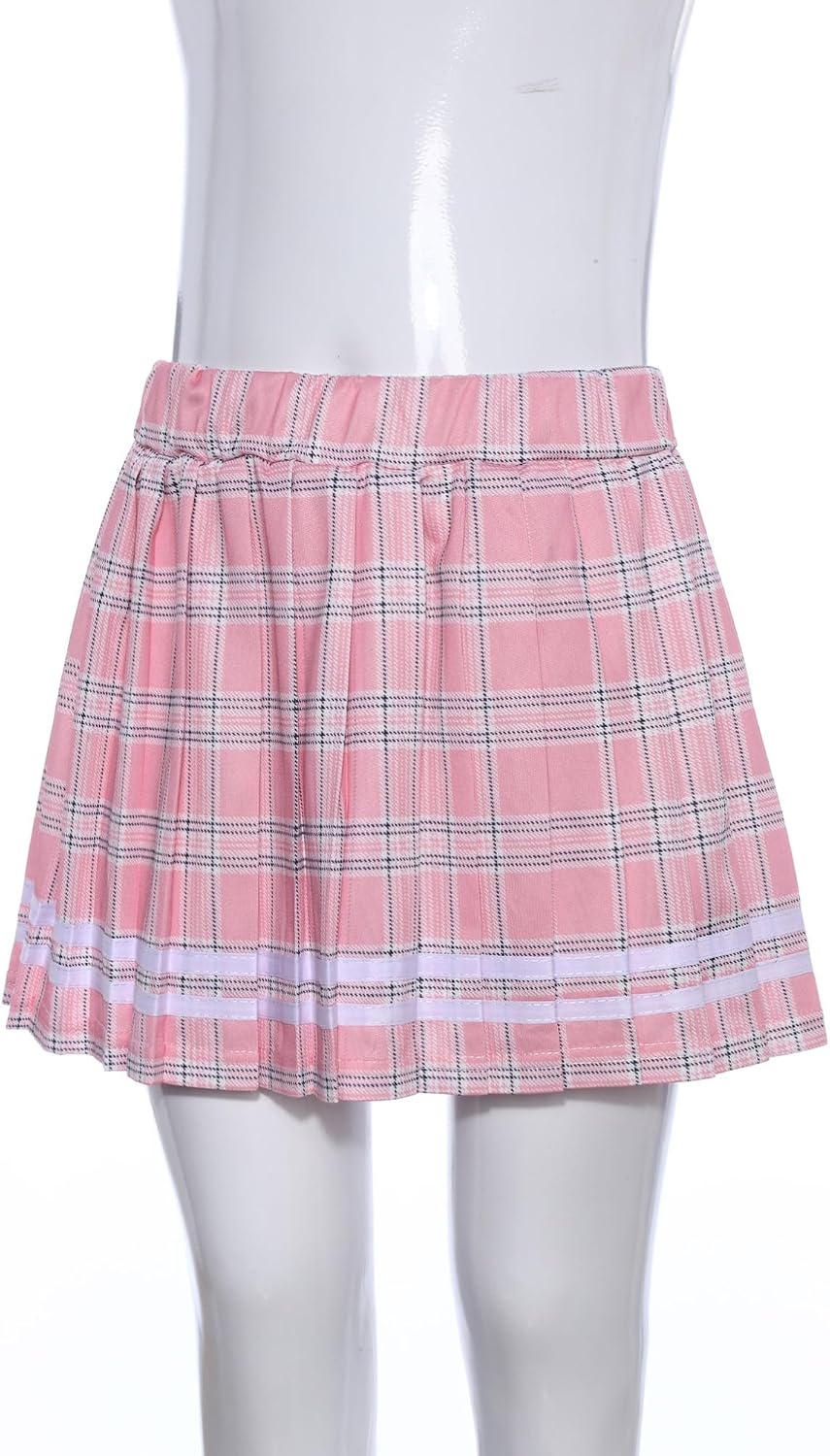 Aislor Kids Girls Skirt Set Japanese Sailor School Uniform Outfit Short Sleeve T-Shirt with Plaid Pleated Mini Skirts