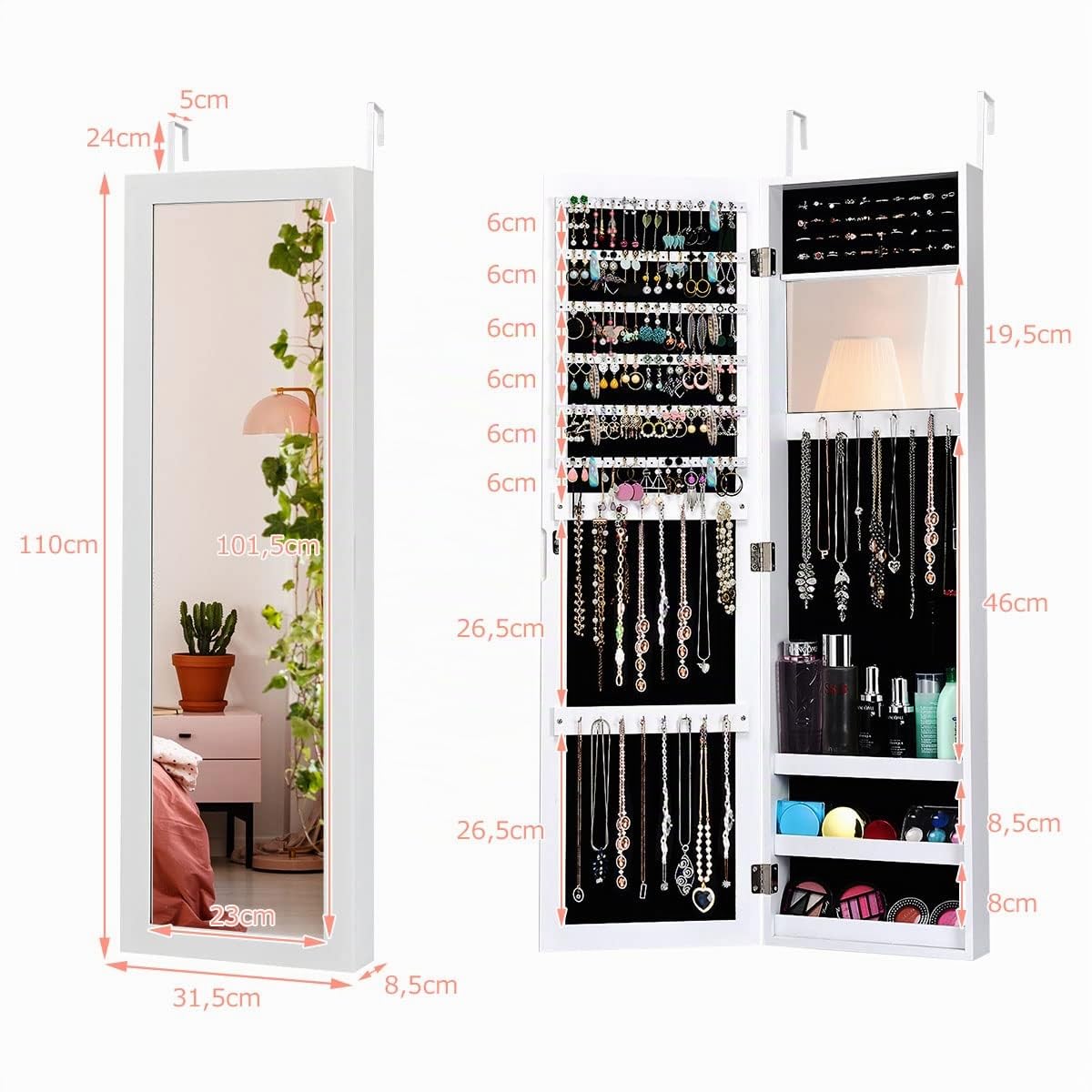 RELAX4LIFE Schmuckschrank 2 Spiegel, Spiegelschrank mit Schloss, Schmuckregal Tür- & Wandmontage, Schmuckorganizer für Ohrringe & Armband & Kette & Ringe & Kosmetik (Weiß)