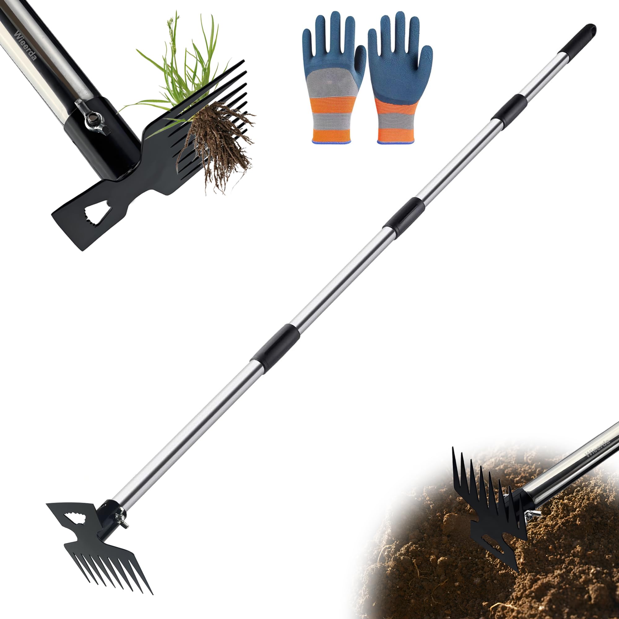 Wieerda Weed Puller Tool with Long Handle, 150cm Weed Remover Gardening Tools, 2 in 1 8-tooth Manual Weed Rake and Garden Hoe, Heavy Duty Uprooting Weeding Pull for Yard, Lawn, Patio and Garden ﻿