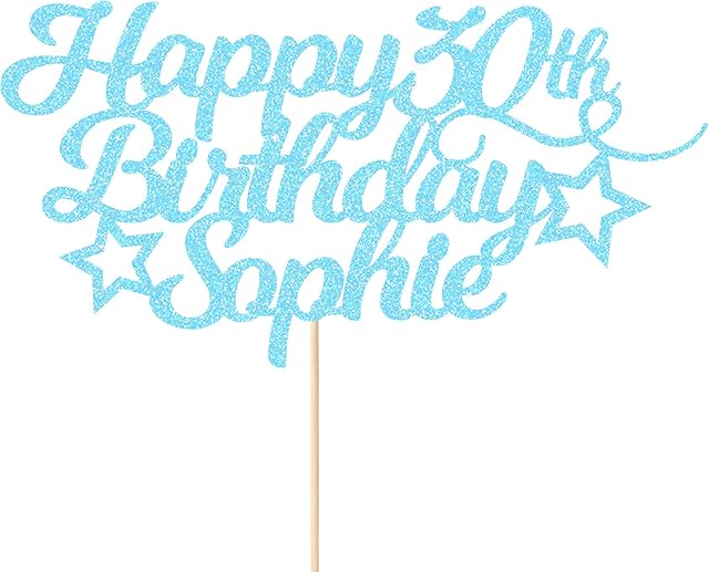 EDSG Personalised Happy Birthday Cake Topper Customised with Any Age Name Party Cake Decoration 16 18 21 40 60 Double Sided Glitter Card Baby Blue