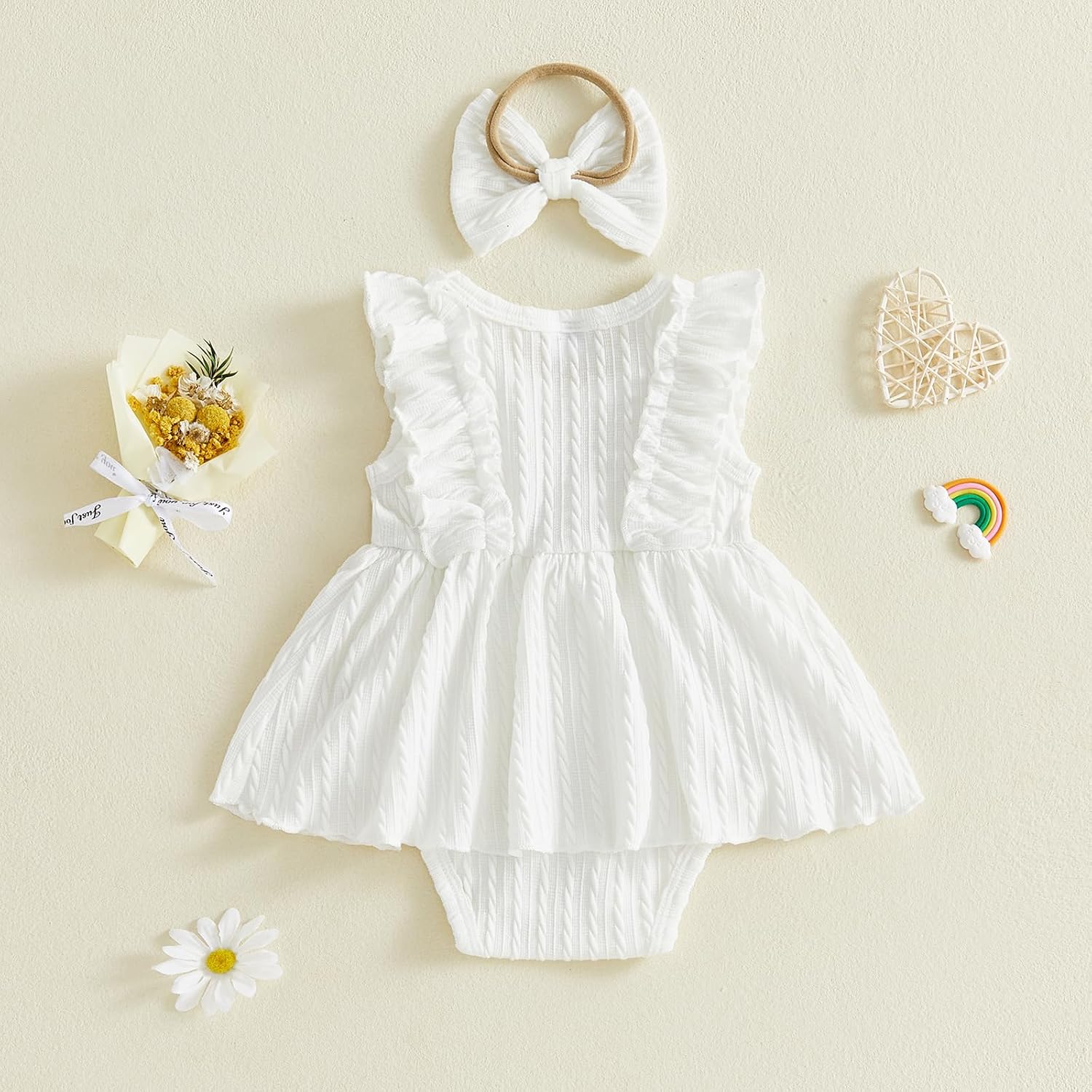 Baby Girl Summer Clothes Solid Textured Romper Dress Ruffle Sleeve Bowknot Skirt Hem Jumpsuit with Headband Outfit