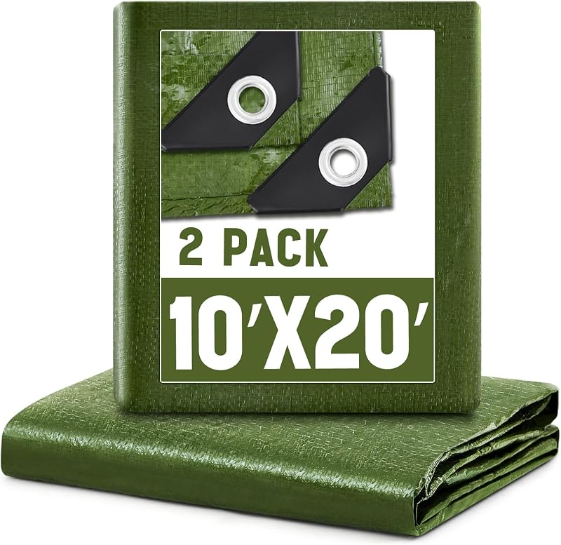 Paquete de 2 lonas grandes de 10 x 20 pies, 5,5 mil, resistente al agua, cubierta multiusos para tienda de campaña, para el hogar, barcos, autos, camping, muebles de patio, techo, cubierta protectora de emergencia contra la lluvia, verde militar