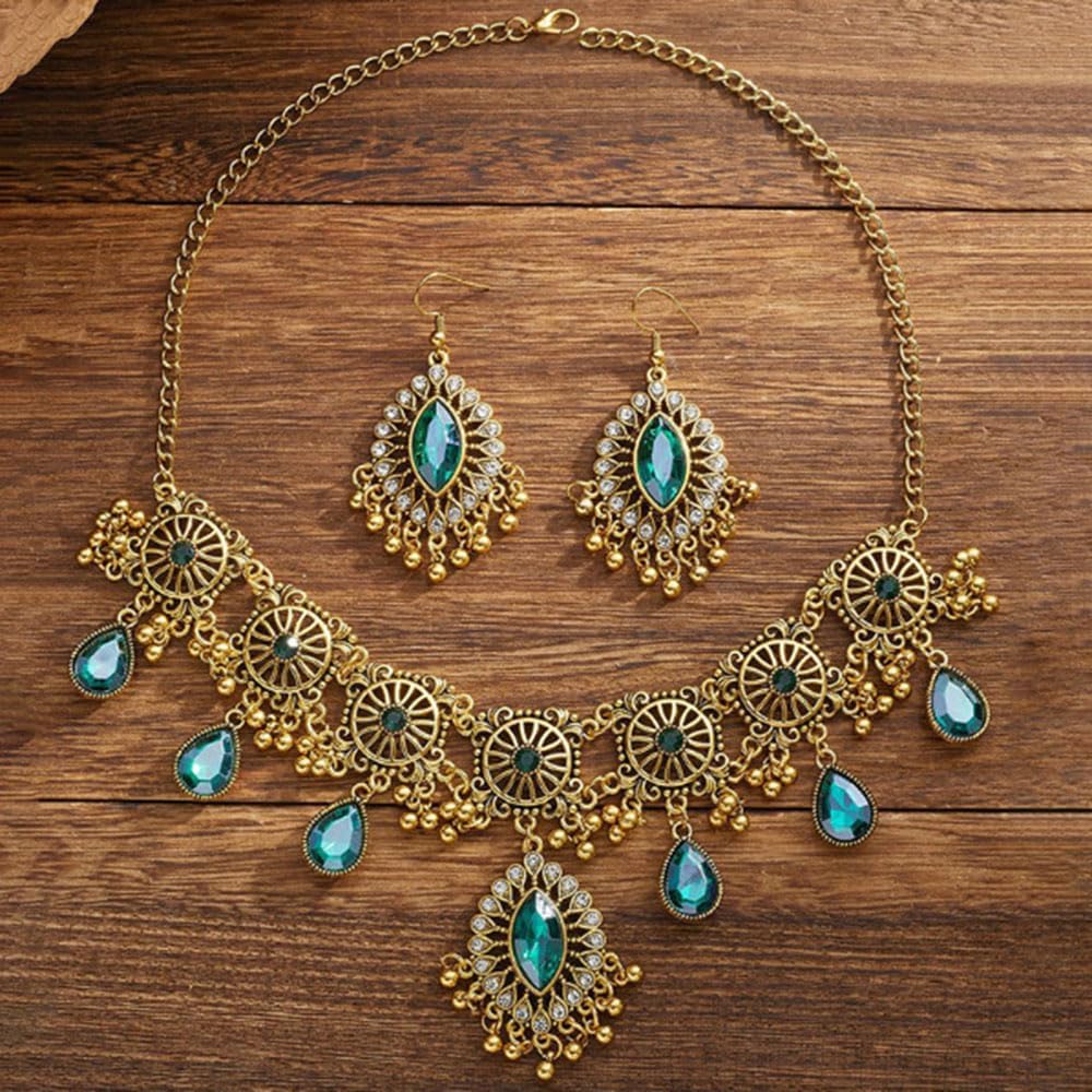 Chargances 3pcs Indian Wedding Bridal Traditional Jewelry Set Ethnic Crystal Necklace Earrings Bollywood Beaded Dangle Earring for Women Brides - Image 7