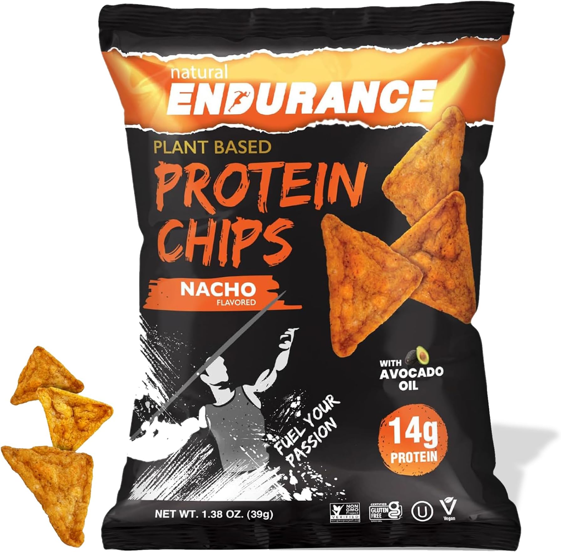 Natural Endurance Protein Chips - Nacho Chips, Low Carb Chips, High Protein Snack, Vegan Protein with Avocado Oil, 14g Protein Per Bag, Gluten Free - Nacho Flavor, 1.38 oz Bags (Pack of 12)