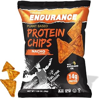 Natural Endurance Protein Chips - Nacho Chips, Low Carb Chips, High Protein Snack, Vegan Protein with Avocado Oil, 14g Protein Per Bag, Gluten Free - Nacho Flavor, 1.38 oz Bags (Pack of 12)