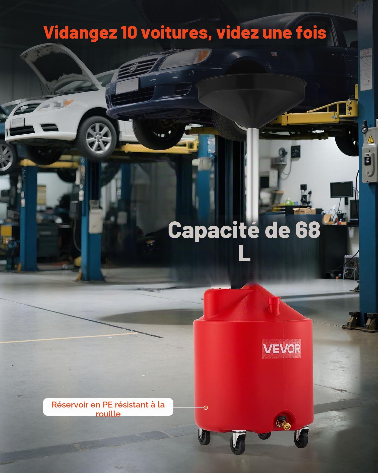 VEVOR Réservoir de Vidange Huile Usagée 68 L, Vidangeur Huile Portable Industriel, avec Entonnoir Réglable en Hauteur, Roues, Drainage Transfert Carburant pour Ateliers Réparation Automobile, Rouge