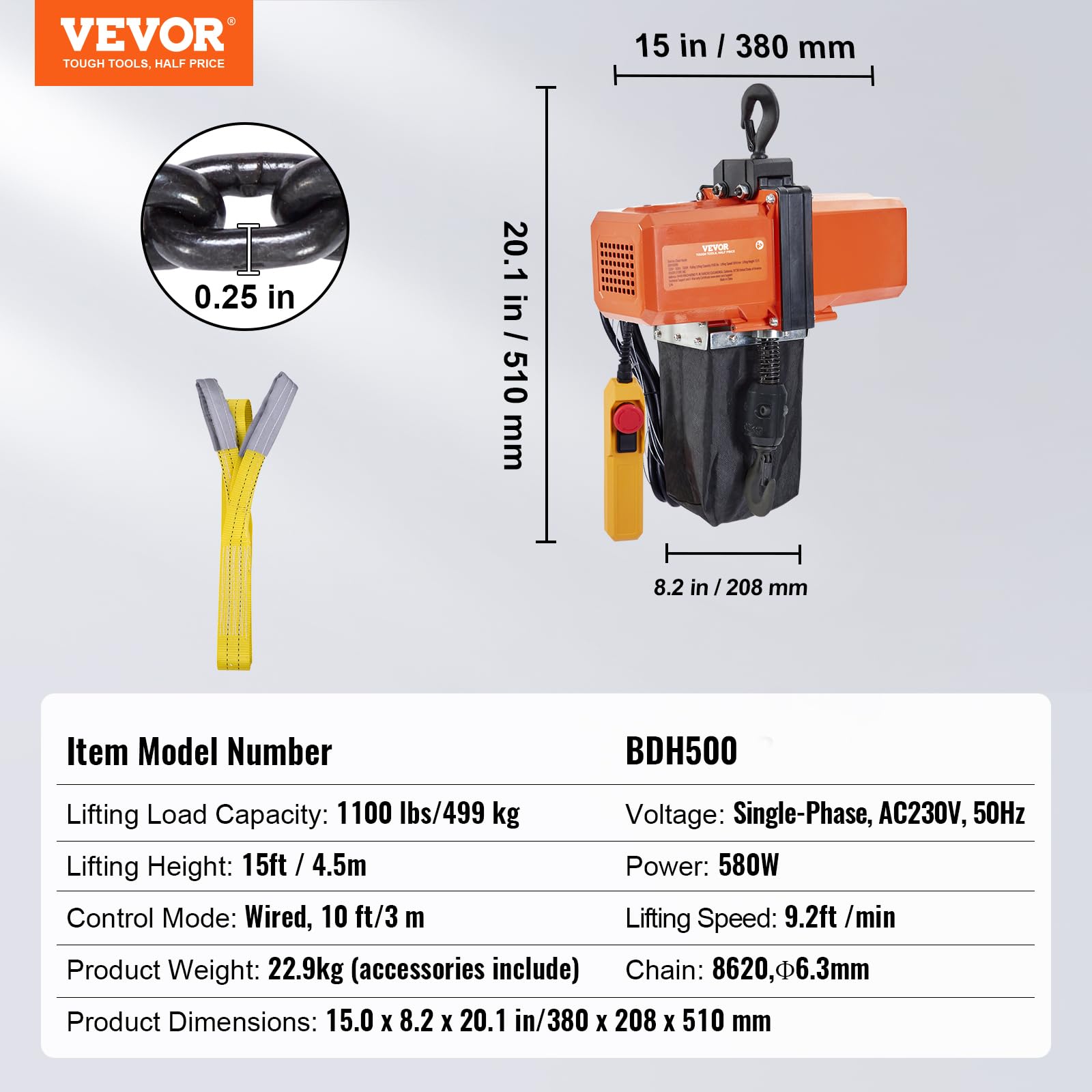 VEVOR Elektrischer Kettenzug 499 kg Tragkraft 4,5 m Hubhöhe 2,8 m/min Geschwindigkeit einphasiger Hebezug G100-Kette 3 m Kabelfernbedienung