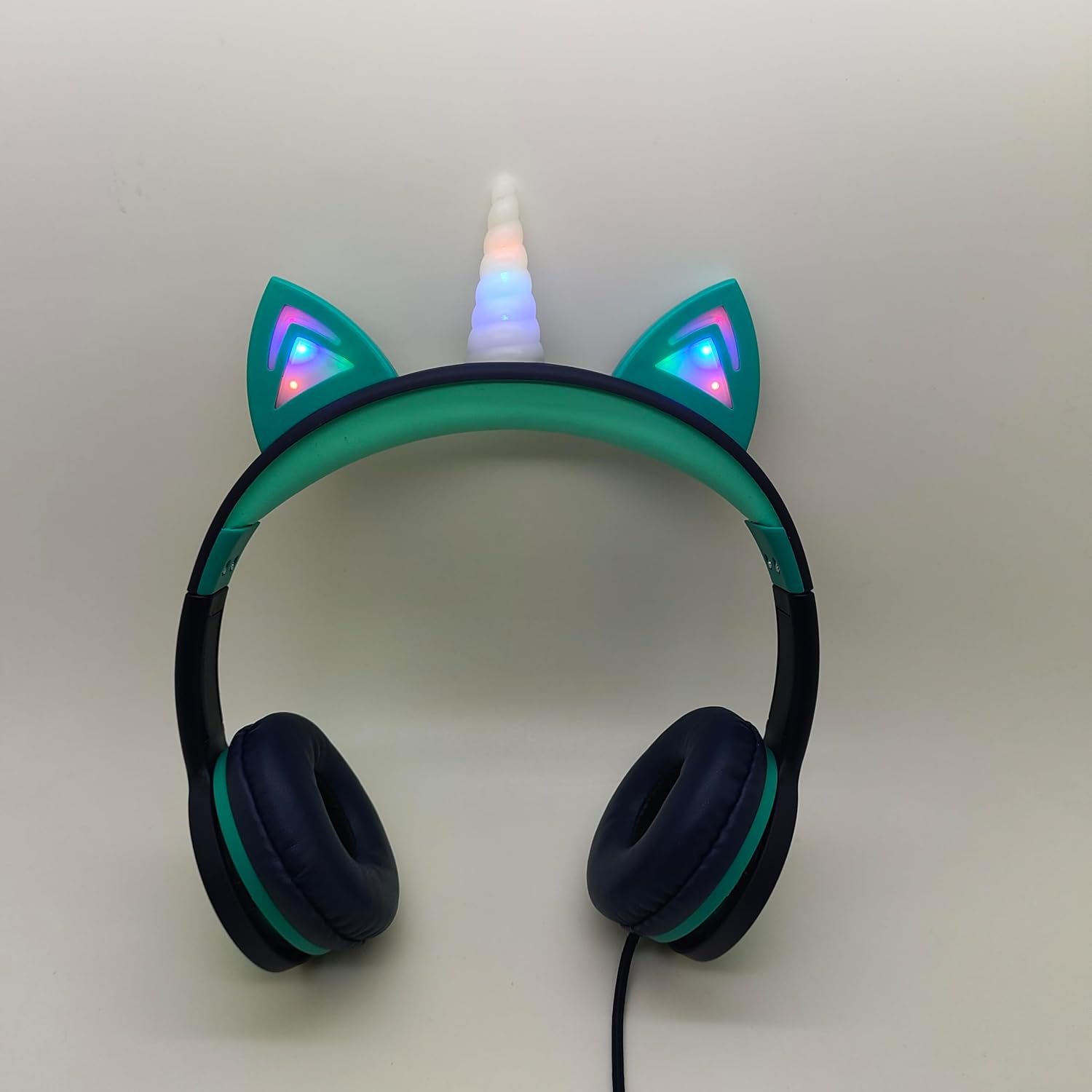 Kids Headphones with LED Unicorn Ears, RGB Lighting, Wired with USB-C Plug, Navy Blue and Teal