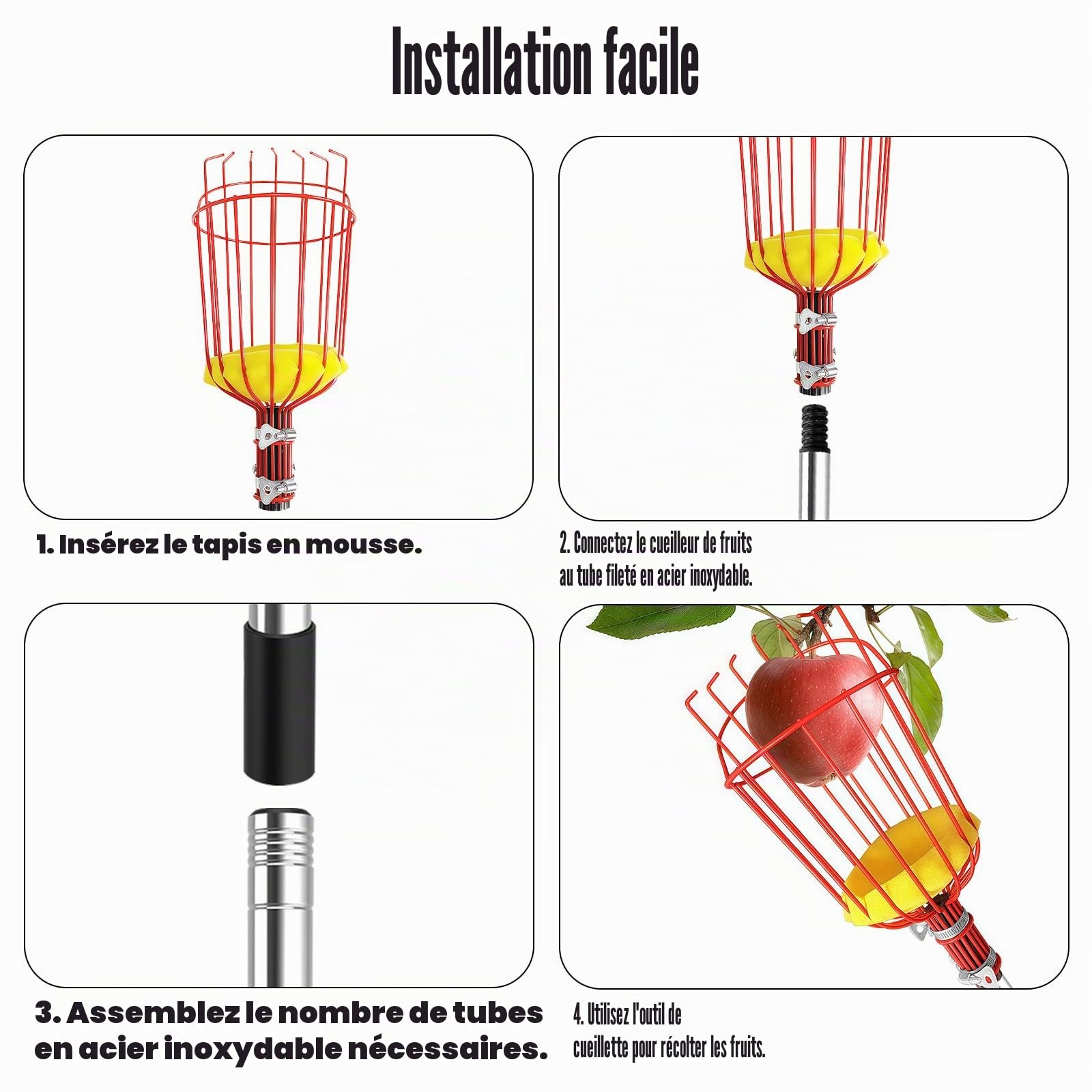 Cueille Fruit Telescopique, 4.3m Fruits Cerise Outil à Cueillir de Fruits avec Poteau Réglable Léger, Cueille Pommes avec Panier en Acier Inoxydable, Outil Cueillette Jardin Arbre Poires Pêches