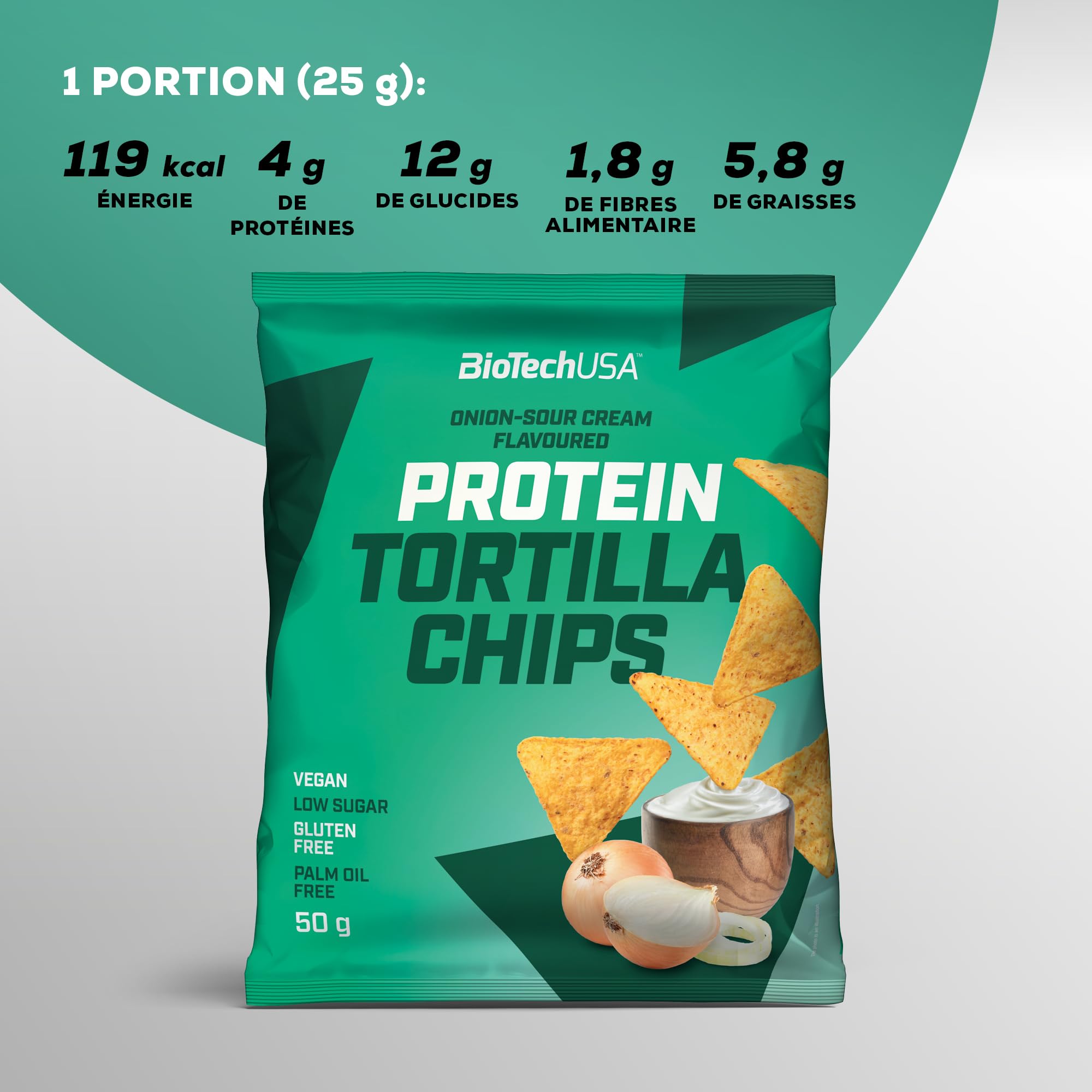 BioTechUSA Protein Tortilla Chips | Source de protéines | Protéines d'avoine et de pois | Végétalien | Sans conservateur, 3 * 50g, Crème et oignon