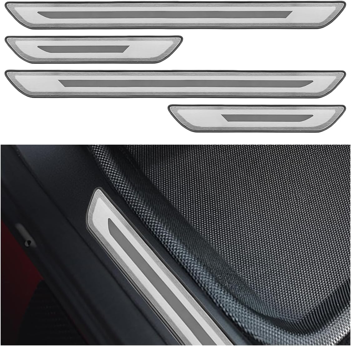 Craedli 4PCS Car Door Sill Protector, Stainless Steel Car Front & Rear Doors Threshold Anti-Scratch Decoration Strip, Self-Adhesive Auto Door Entry Scuff Plate for Most Cars Truck SUV(Silver-Polished)