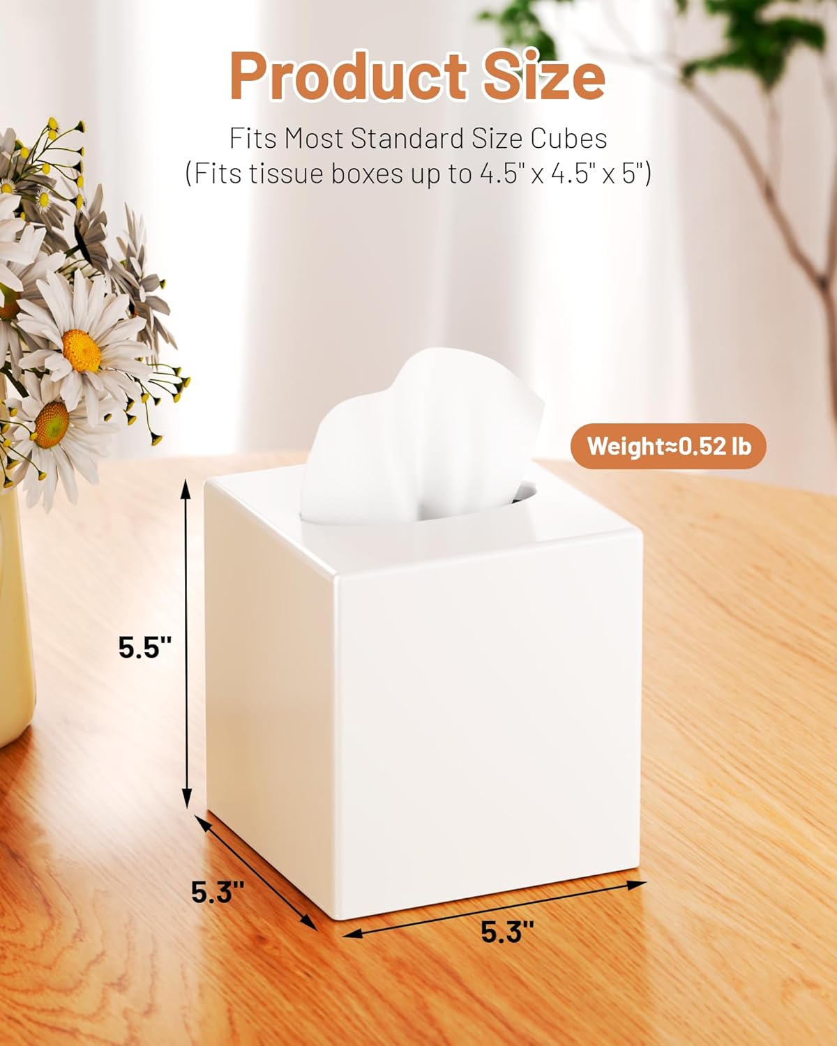 Tissue Box Cover, Square Plastic Tissue Box Holder with Anti Slip Base, Modern Decor Facial Napkin Holder for Bathroom Vanity Countertop, Bedroom Dresser, Night Stand, Parlors, Offices, White