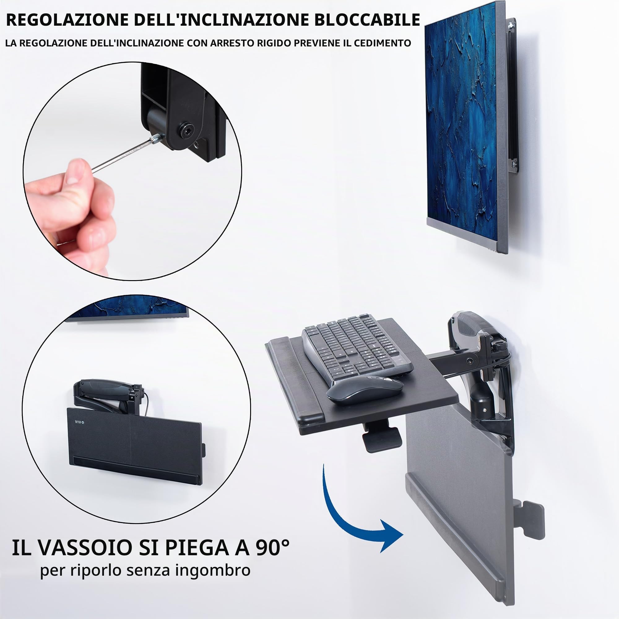 VIVO Supporto da parete per tastiera e mouse con molla pneumatica da 61 cm, piattaforma di digitazione regolabile in altezza contrappeso, inclinazione ergonomica, nero, MOUNT-KB35B