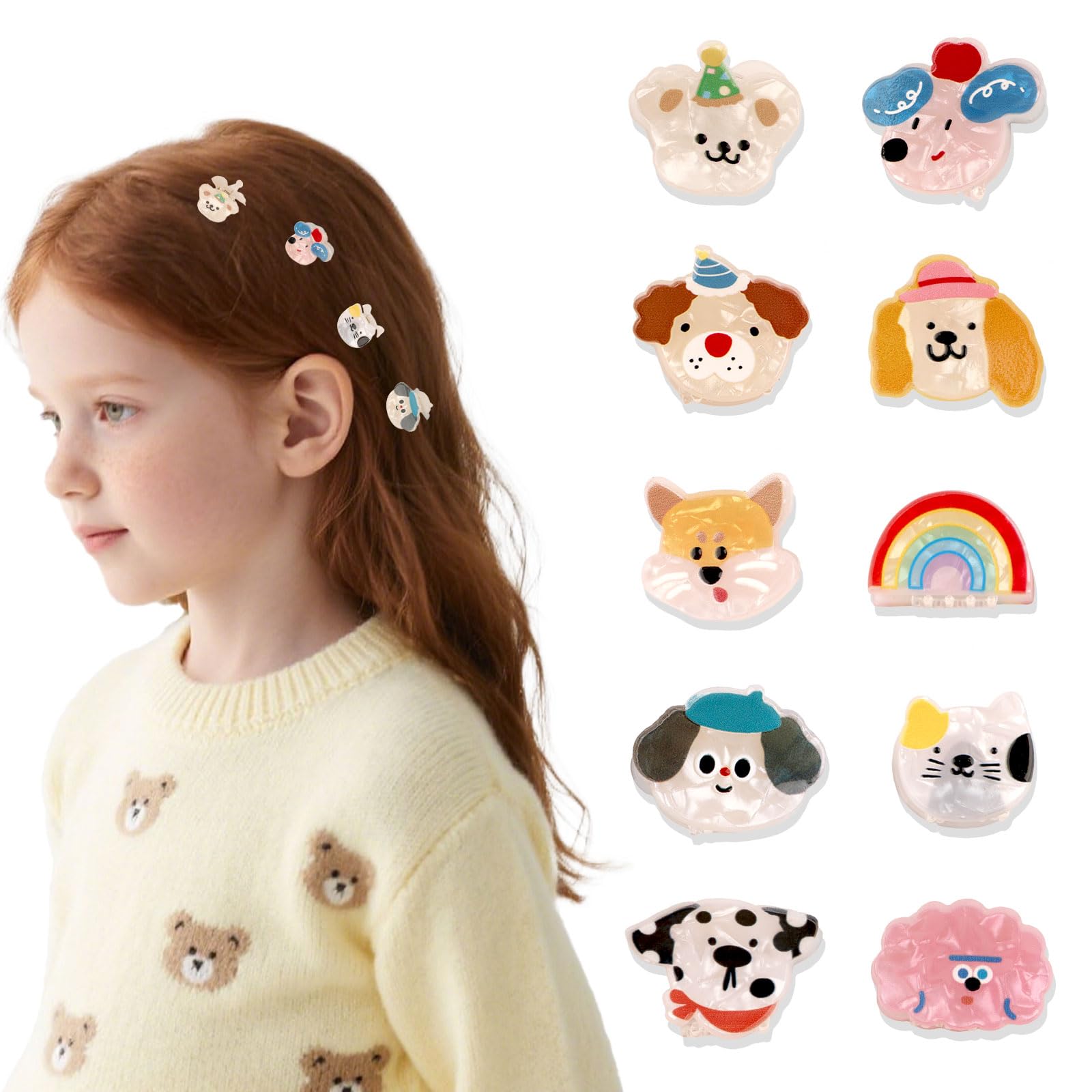 Exipsat 10 Stück Tier-Mini-Haarklemmen Set, Süße Acryl-Strähnchenklammern Mit Hund Katze Regenbogen Motiv, Niedliches Haarschmuck Für Mädchen & Frauen