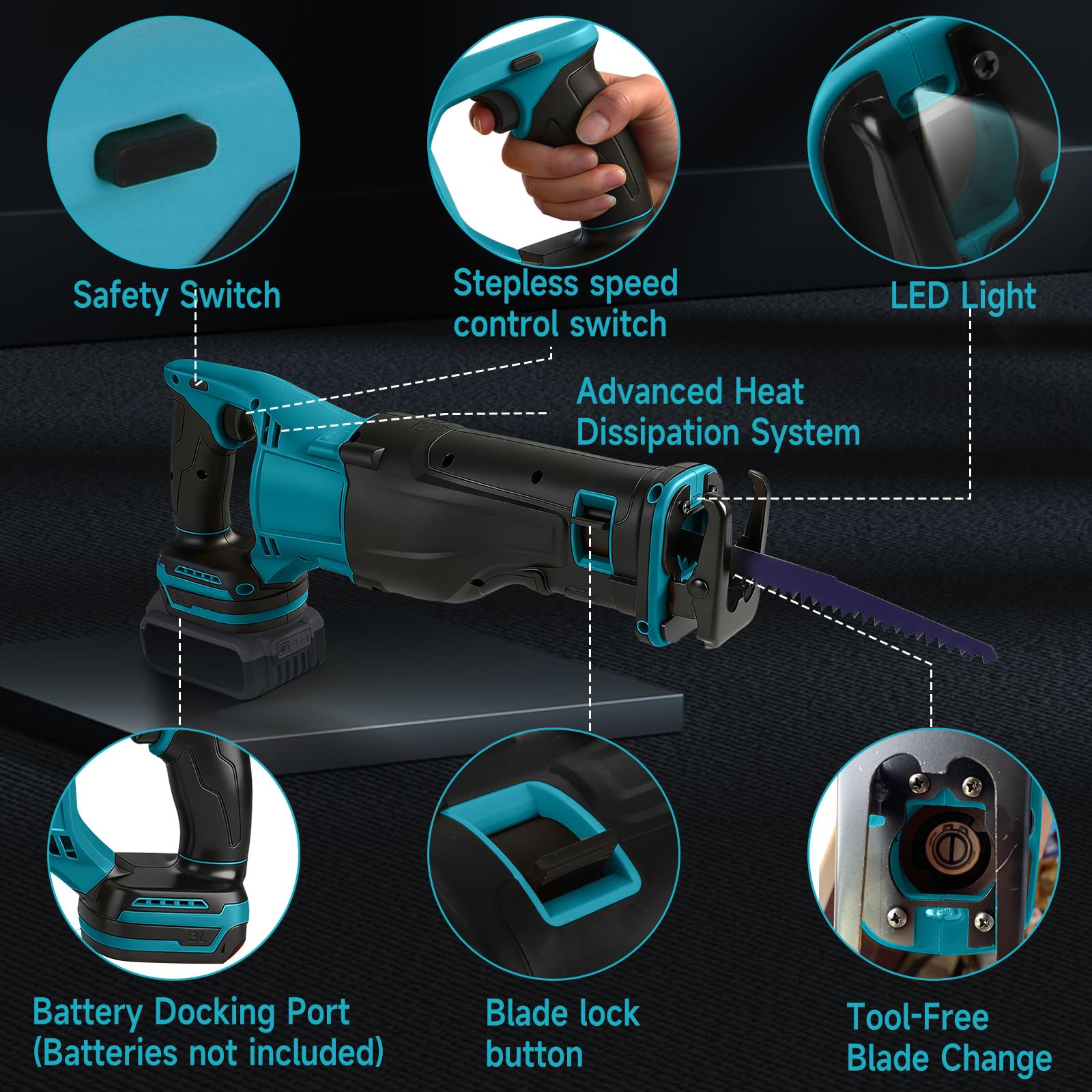 Sierra de sable con batería para Makita 18 V, 3500 RPM, velocidad variable con 4 hojas de sierra para cortar madera, metal y plástico (sin batería)