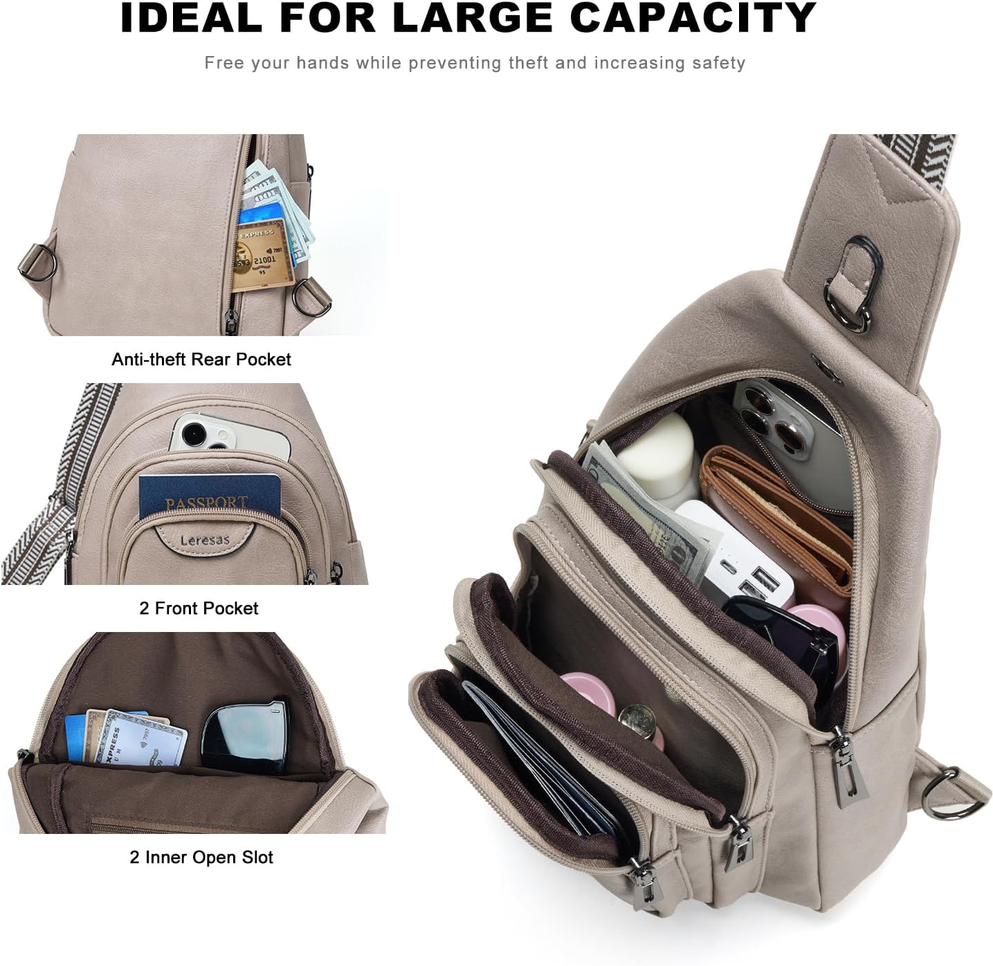 10L Crossbody Sling Bag for Women Men Anti Theft Cross Body Fanny Pack Belt Bag Purse Gifts for Women Faux Leather, Light Grey - Image 5