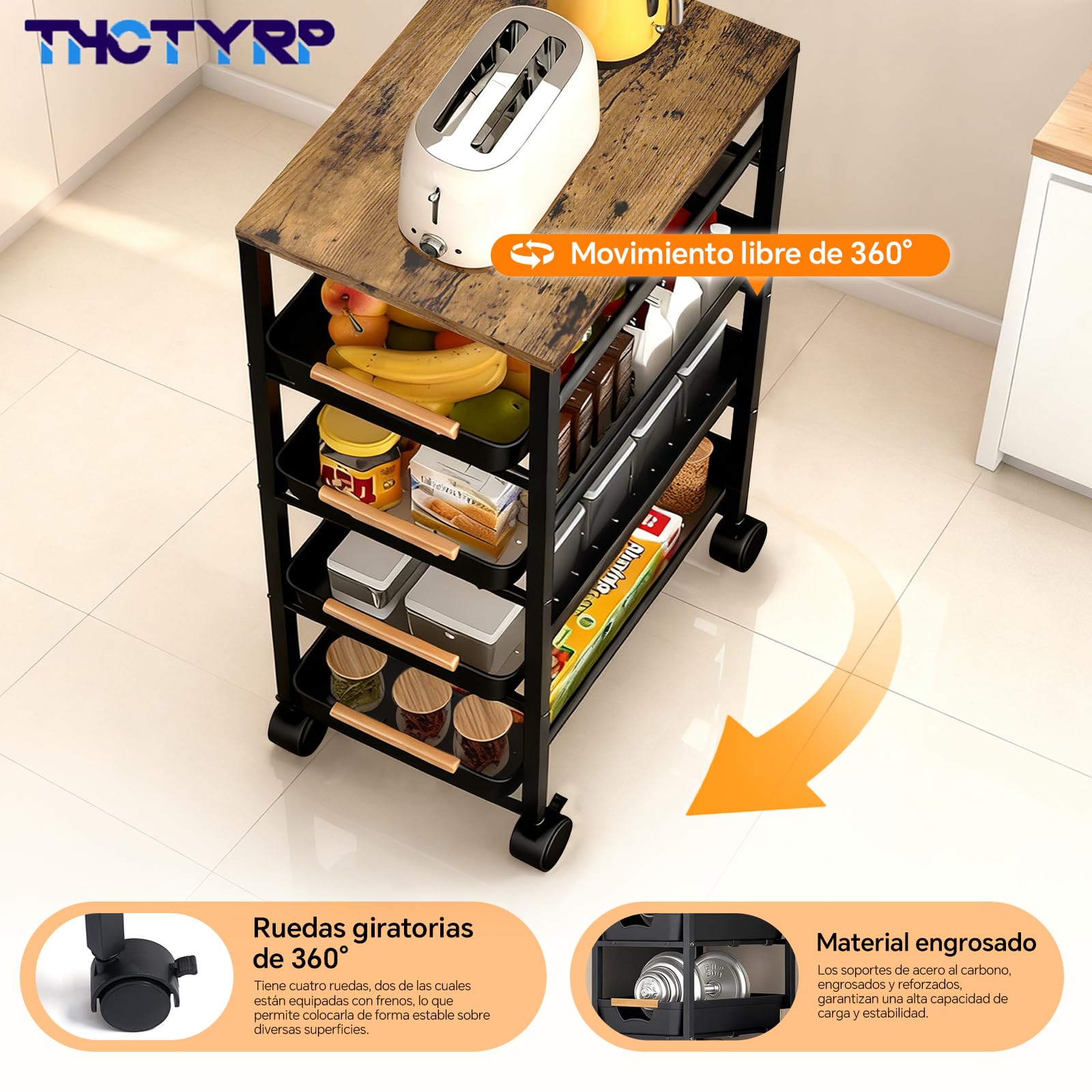 Carrito de 5 Niveles y 4 cajones, con Tabla de Madera y cestas ventiladas. Ruedas 360° con 2 Frenos. Ideal para Guardar Frutas, Verduras, microondas en Cocina o salón 32x38x81.5 cm