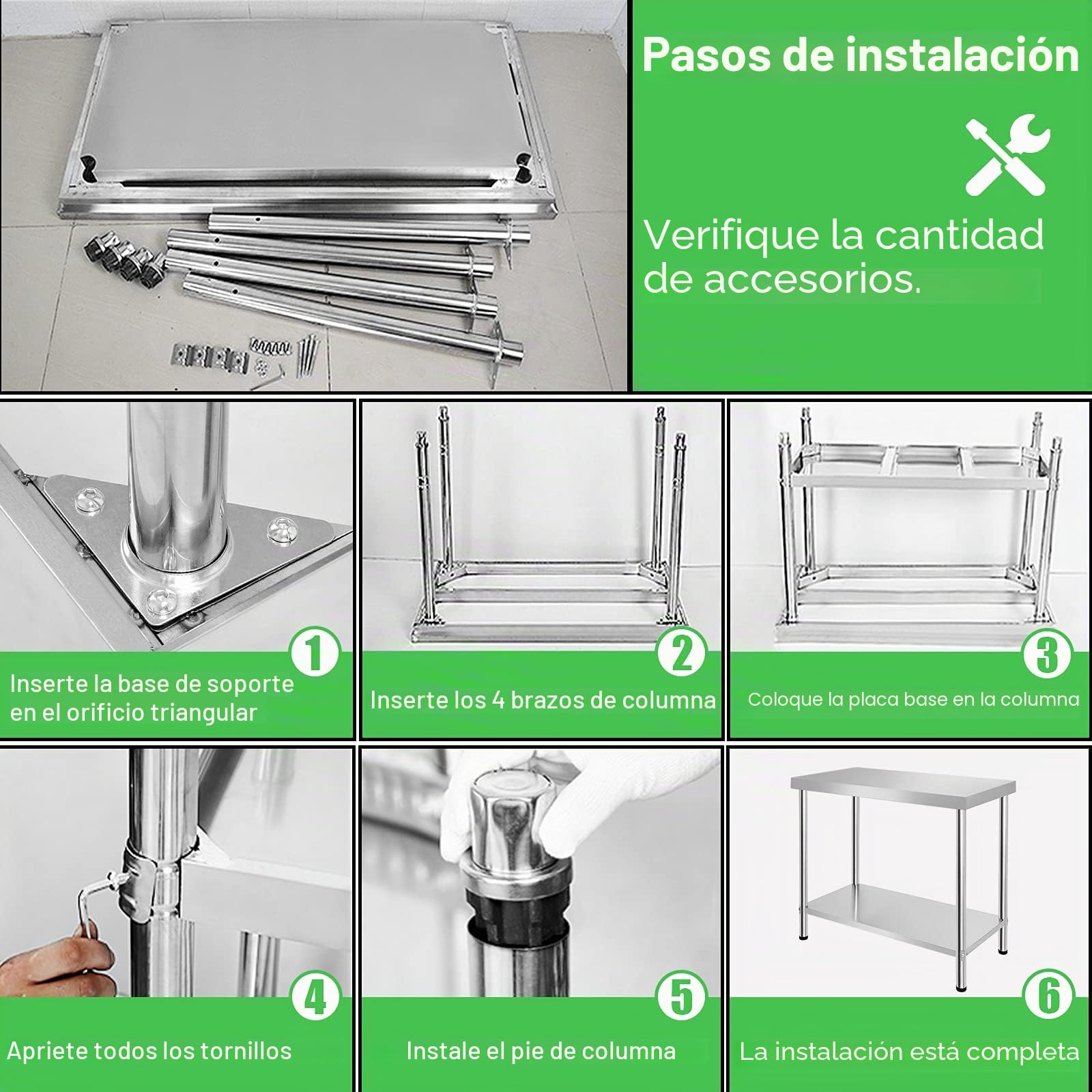 Mesa de trabajo de acero inoxidable con patas ajustables, mesa de cocina, mesa desmontable, mueble de cocina para restaurante, bar, plateado (con reborde, 120 x 60 x 85 cm)