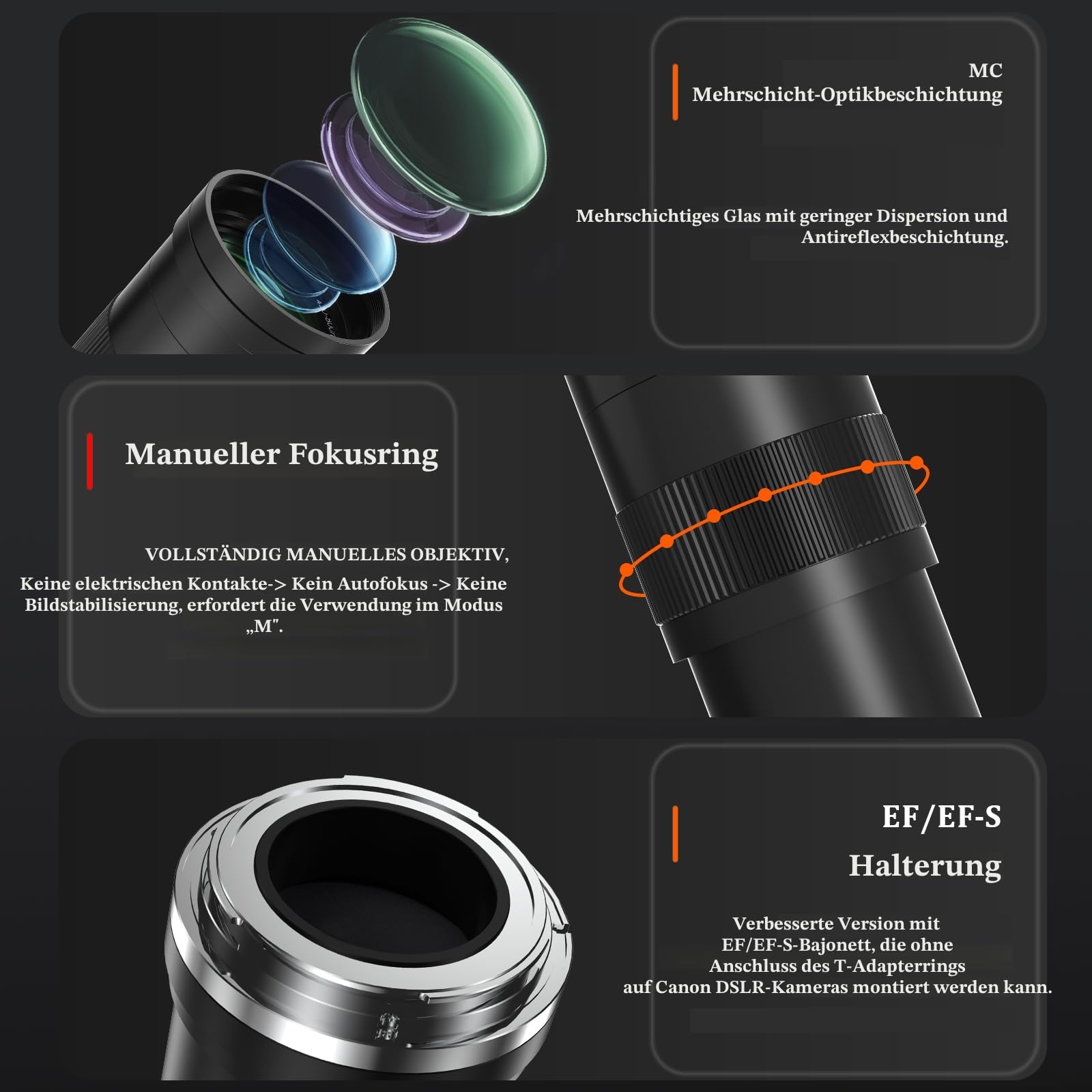 BENOISON Teleobjektiv 420-800mm, EF Objektiv für Canon DSLR, Manueller Fokus MF Zoom Objektiv für Canon 4000D 2000D 1500D 1300D 1200D 850D 800D 750D 600D 500D 250D 90D 80D 77D 7D 6D 5D 1D