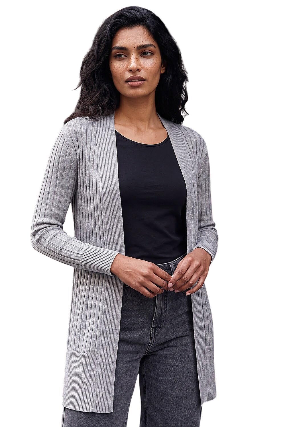 Roman Women's Light Grey Longline Stretch Ribbed Cardigan Sweater In | : Size 14