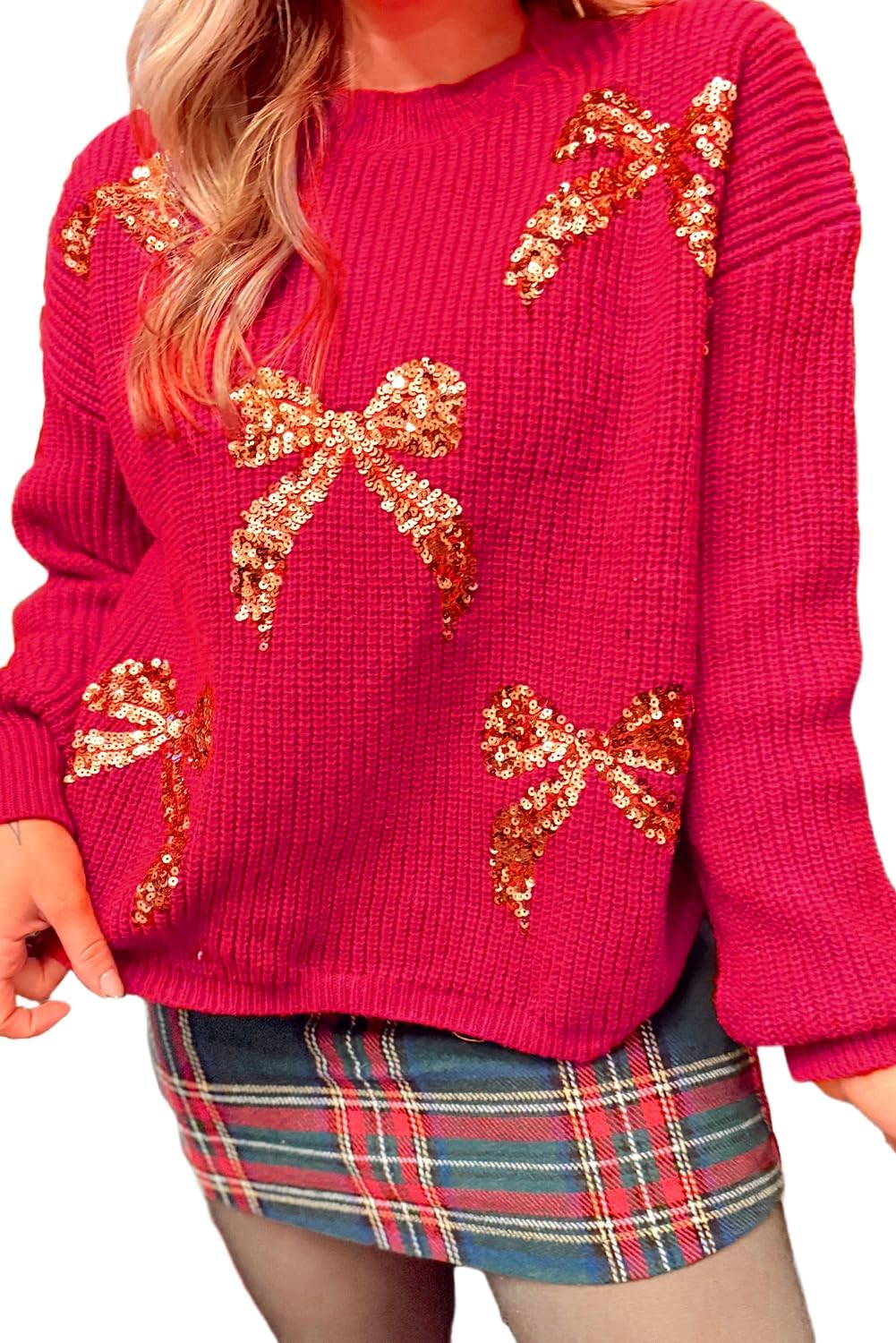 Apvirdy Womens Christmas Sweater Ribbed Trim Crewneck Long Sleeve Sequin Bow Sweater Fall Fashion Loose Knit Pullover Tops