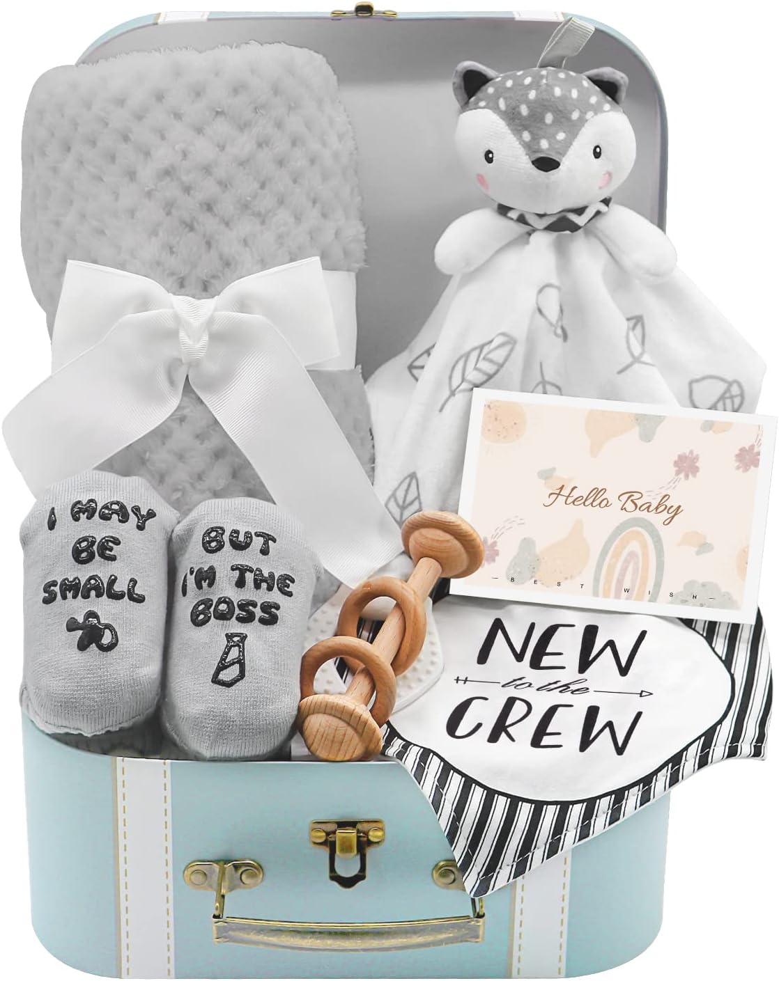 Baby Gift Set, Baby Shower Gifts Basket Newborn Blanket Baby Lovey Security Blanket, Funny Baby Bibs Socks & Greeting Card - Baby Gift Basket Newborn Shower Basket for Boys