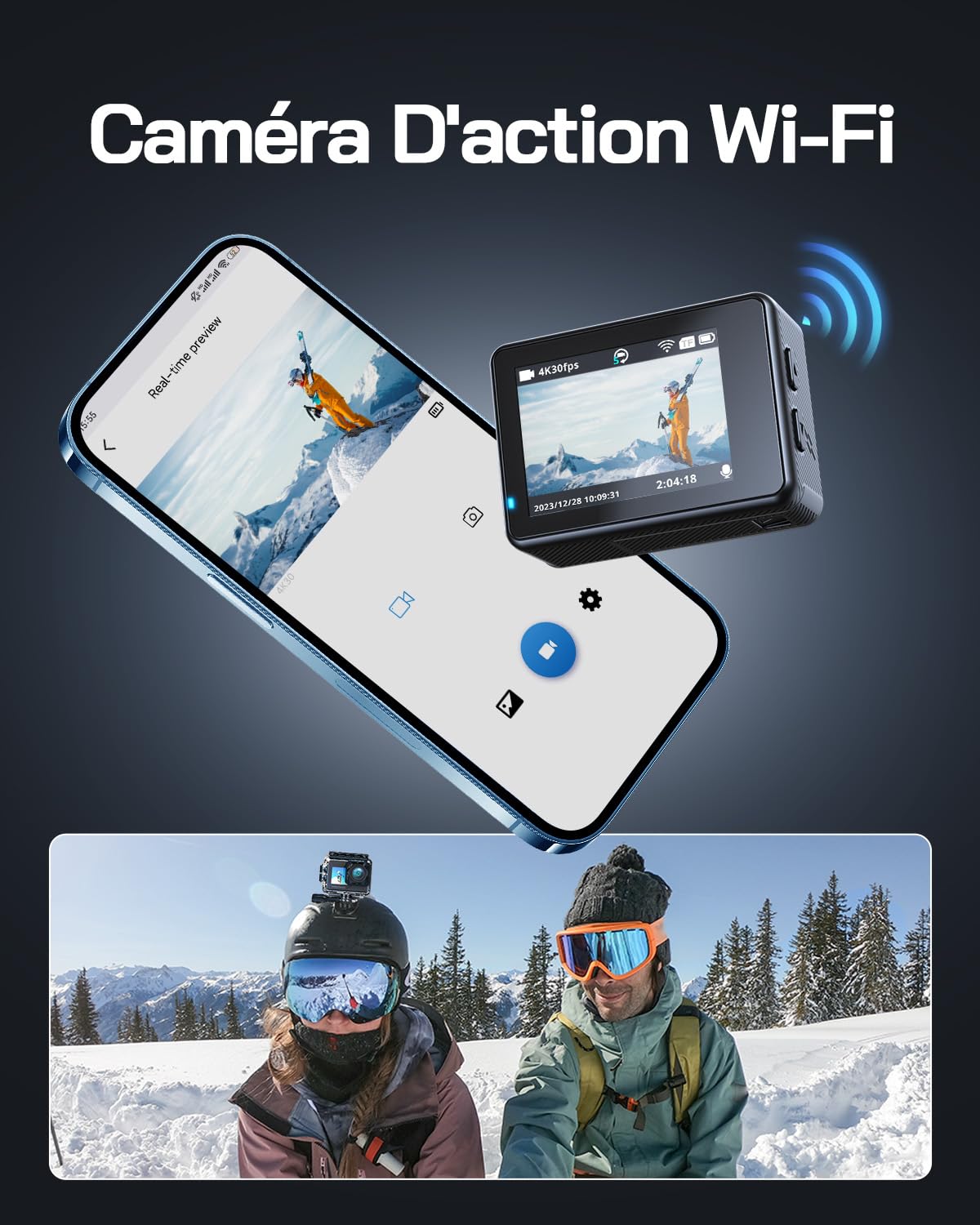 WOLFANG GA120 4K 20 MP Caméra d'action, étanche jusqu'à 40 m pour la Plongée avec Tuba, Grand Angle 170 °, Double écran WiFi, avec EIS, Microphone Externe et Télécommande