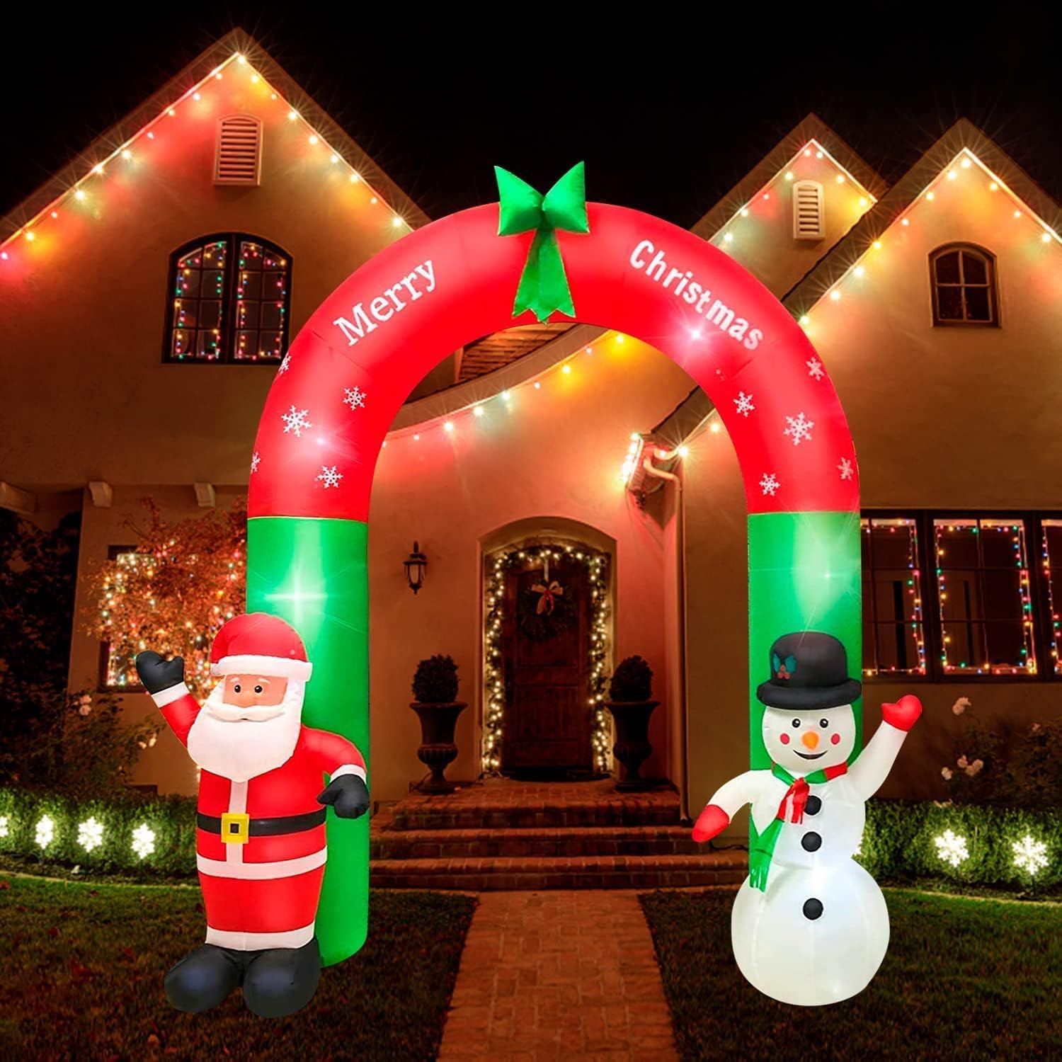 Arche de Noël avec Père Noël et Bonhomme de Neige, 2,4 m de Haut avec Lumières LED Arc Gonflable pour Extérieur, Intérieur, Jardin, Décoration de Cour et Disposition de Lieu