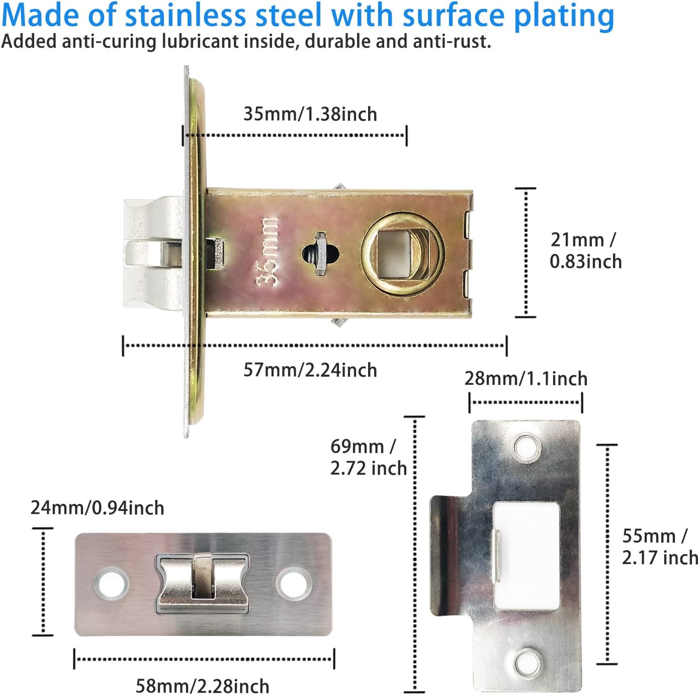 4 Sets Bolt Through Tubular Mortice Latch(35mm),with Plastic Dust Cap,Stainless Steel Bracket and Set of Screws,Door Latch Designed to be Used with Sprung Lever Door Handles - Image 3