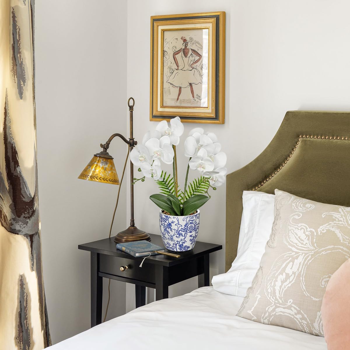 Briful Orchid Fake Flowers 18.8in White Orchid Silk Flower with Blue and White Pot Faux Orchid Arrangement for Home Office Room Shelf Table Centerpiece Decoration - Image 4