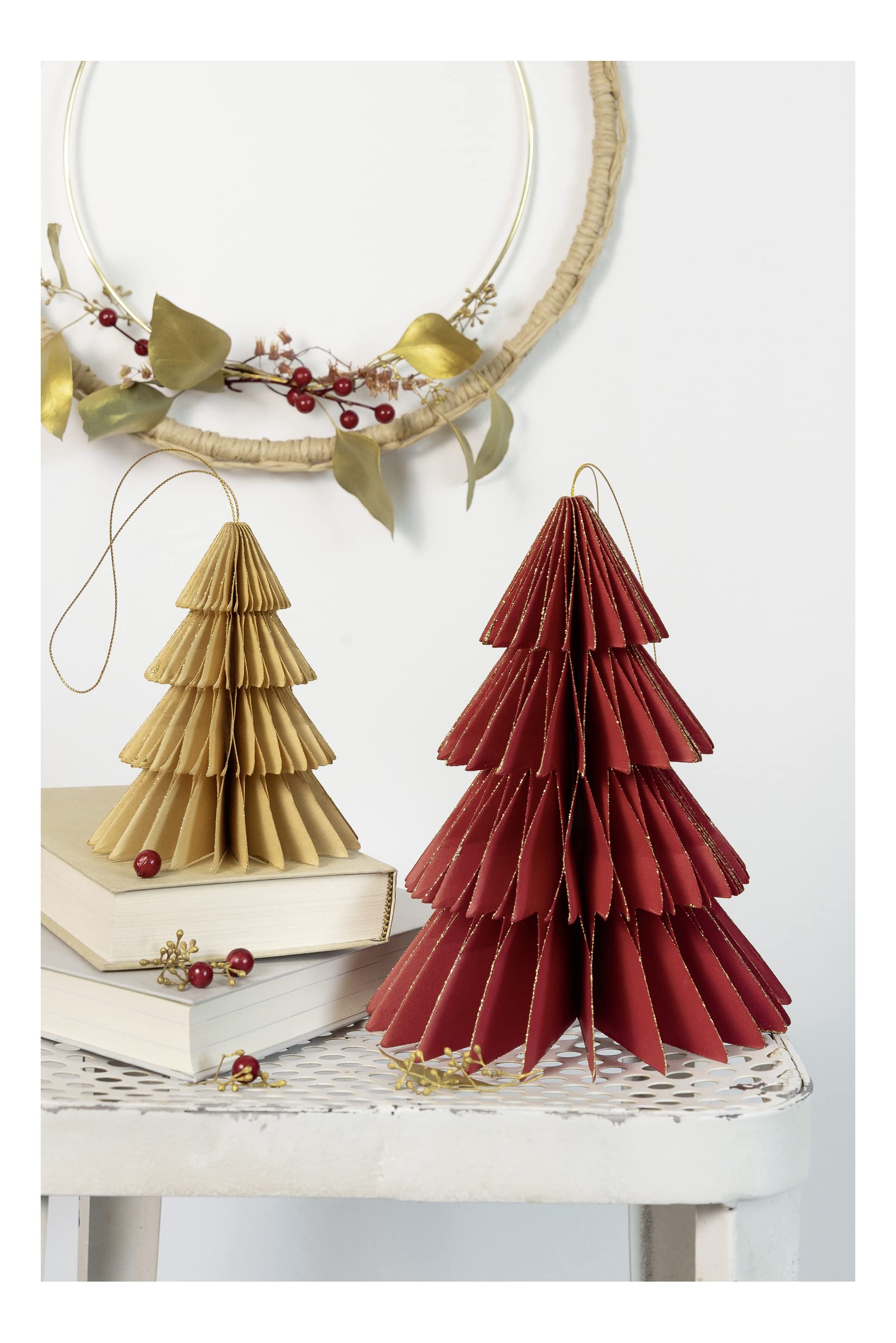 Folia 49213, Dekoracja Plaster Miodu Jagoda Xmas Trees, Zawieszka Świąteczna Zestaw 2, Wysokość ok. 20 i 13 cm, Składana Dekoracja Świąteczna do Wnętrza