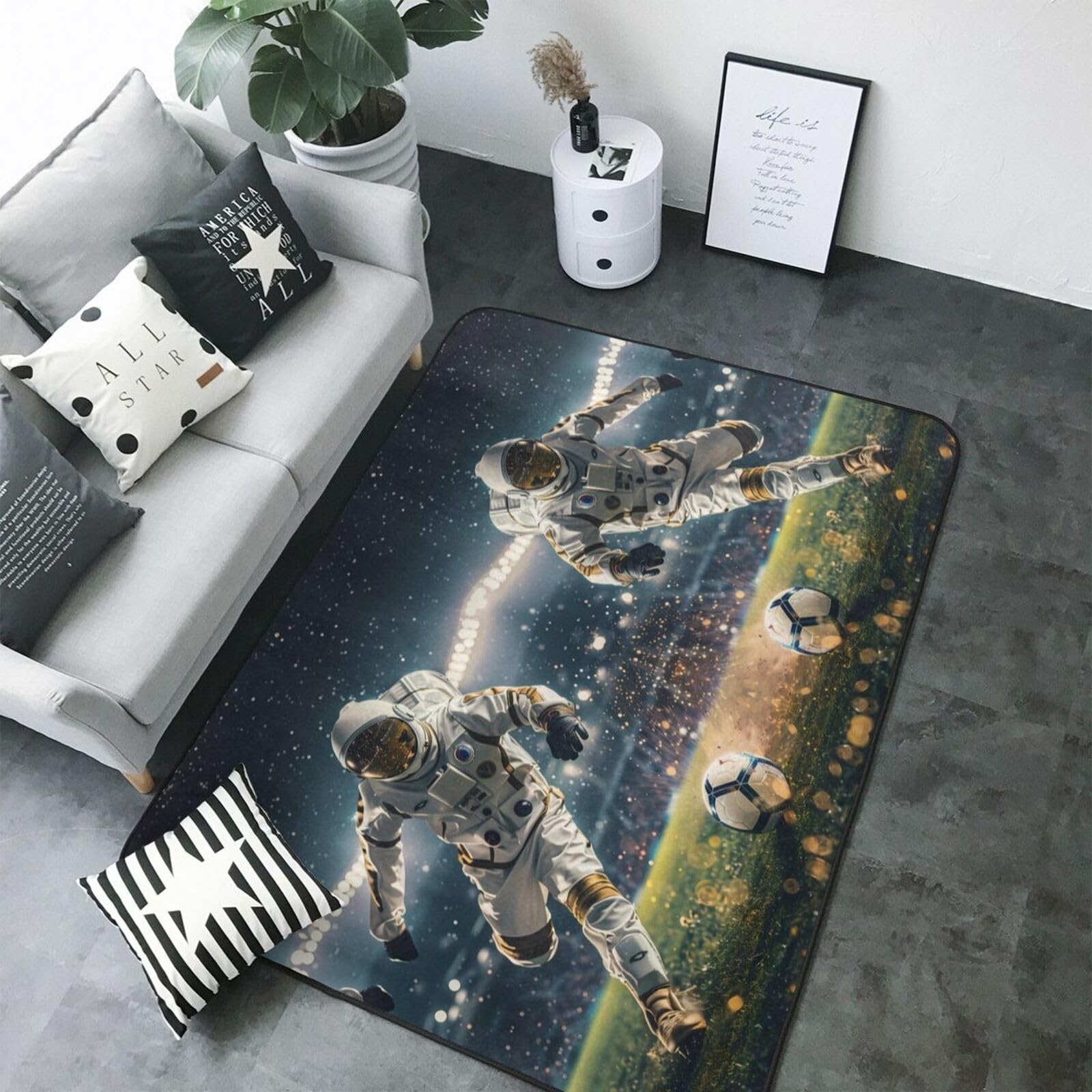 Tapis de salon lavable motif football et astronaute 203x147 cm