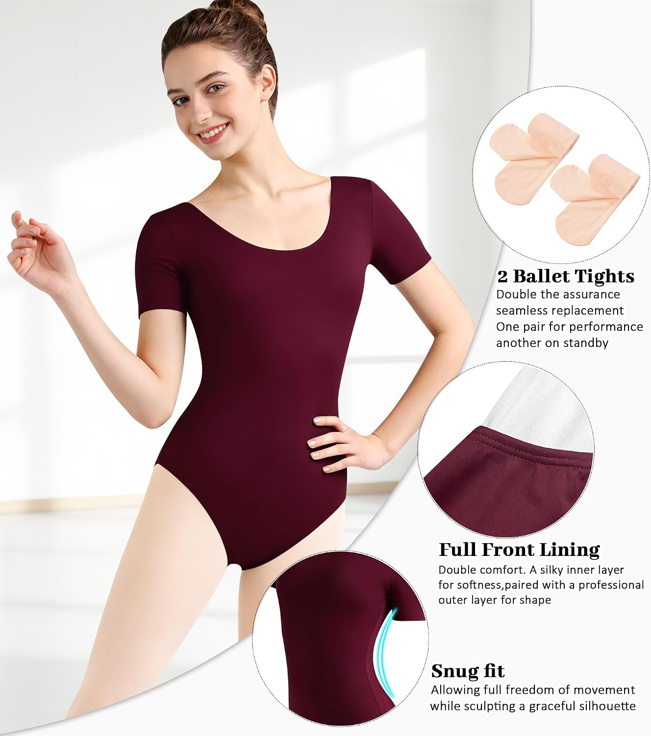 Women's Team Basic Black Dance Leotard for Ballet, Short Sleeve, 2 Pcs Ballet Tights