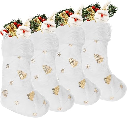 DIYASY 4 medias blancas de Navidad, de 18 pulgadas, de piel sintética de felpa grande, con árbol de Navidad dorado, lentejuelas y purpurina para
